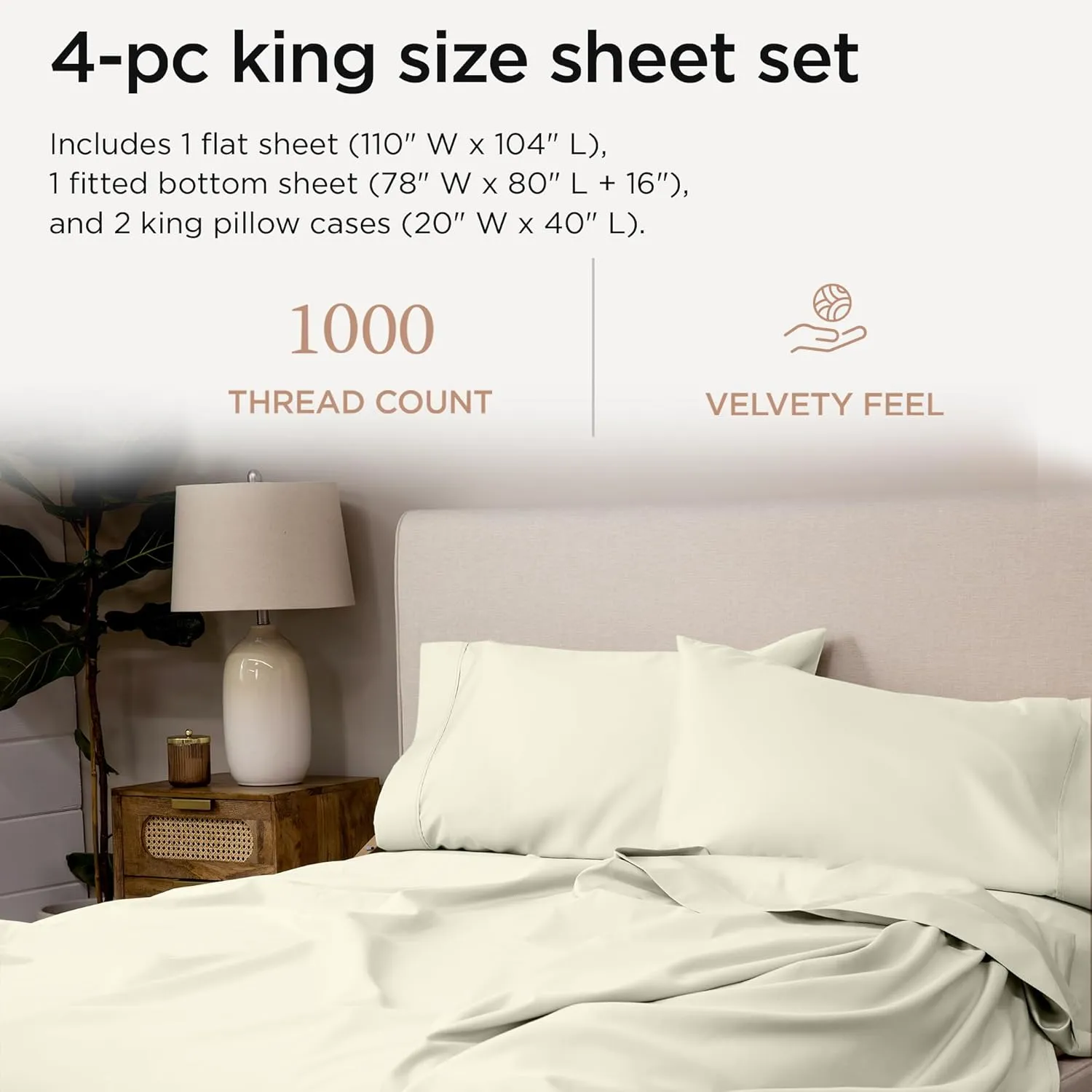 Threadmill Supima Cotton Sheets - King, 1000 Thread Count, 4 Piece Luxury Bed Sheets Set, Hotel Quality Sateen Weave, Ivory with Elasticized Deep Pocket