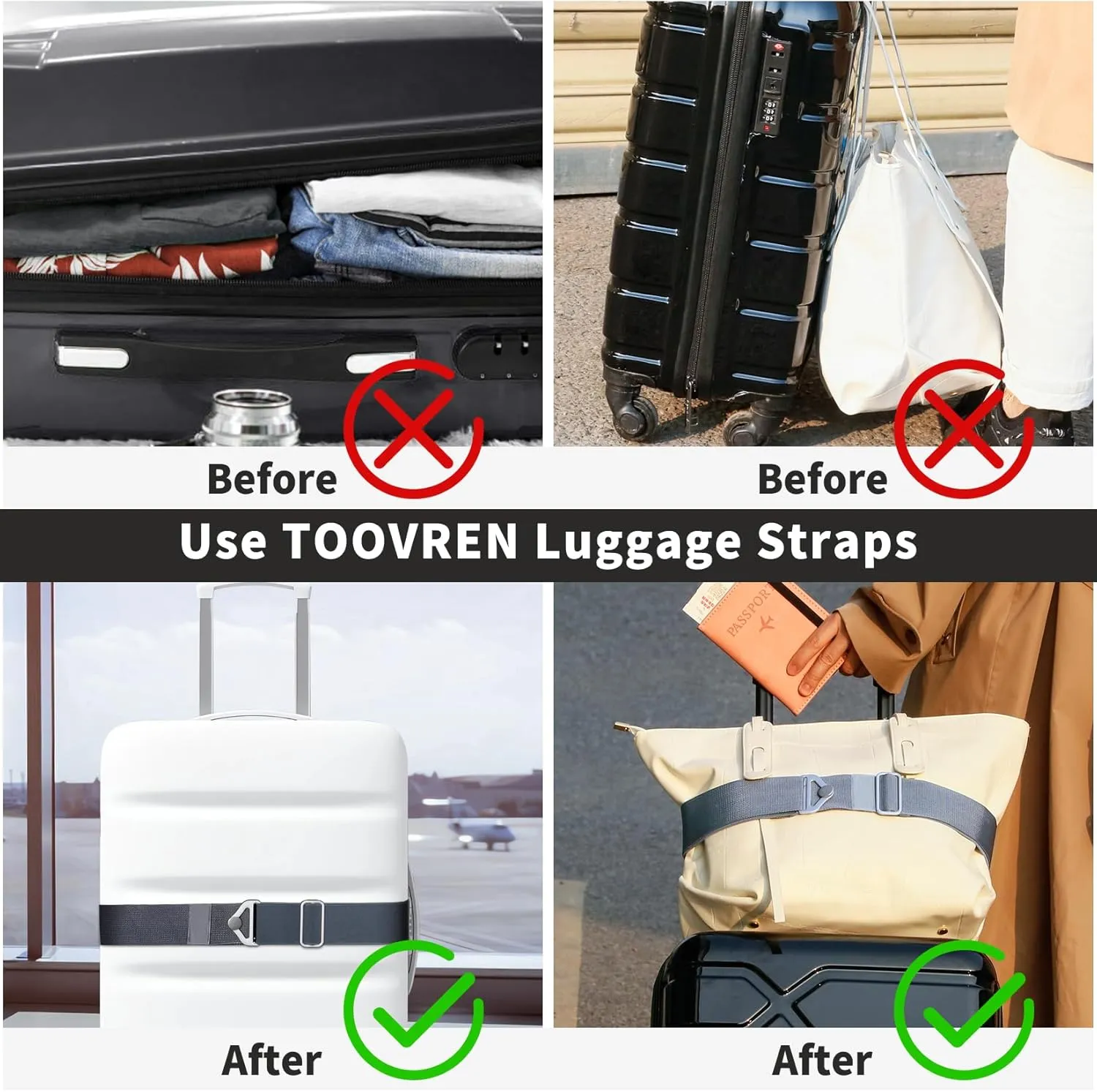 TOOVREN 2-in-1 Travel Belt for Luggage Straps Add a Bag Bungees Suitcase Luggage Strap Over Handle Suitcases Belt for Carry On Bag Adjustable Backpack Attachment Airport Travel Accessories Gray