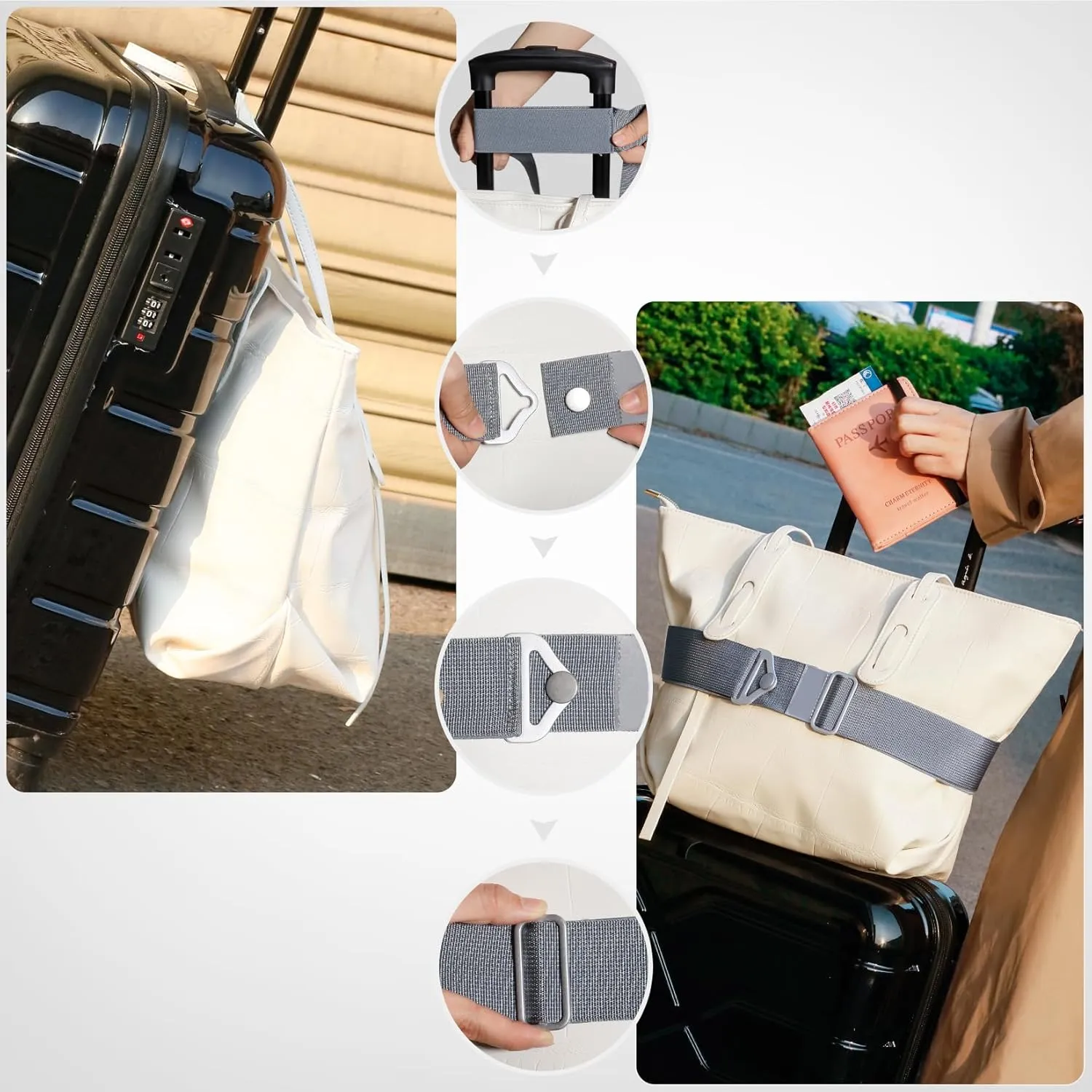 TOOVREN 2-in-1 Travel Belt for Luggage Straps Add a Bag Bungees Suitcase Luggage Strap Over Handle Suitcases Belt for Carry On Bag Adjustable Backpack Attachment Airport Travel Accessories Gray