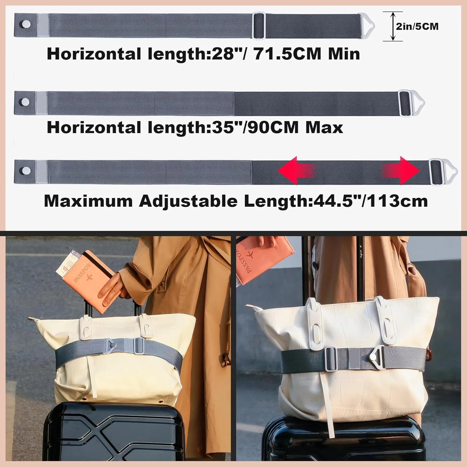 TOOVREN 2-in-1 Travel Belt for Luggage Straps Add a Bag Bungees Suitcase Luggage Strap Over Handle Suitcases Belt for Carry On Bag Adjustable Backpack Attachment Airport Travel Accessories Gray