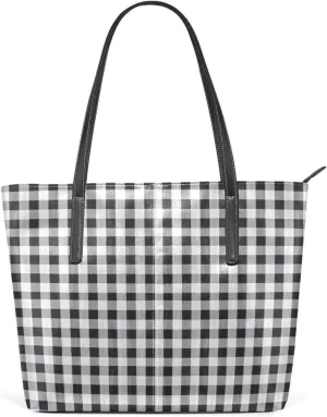 Top Handle Bag for Women Black Grey White Plaid Cute Vegan Leather Lady Purse Shoulder Bag Travel Satchel Gym Beach Tote with Zipper Weekender Handbag