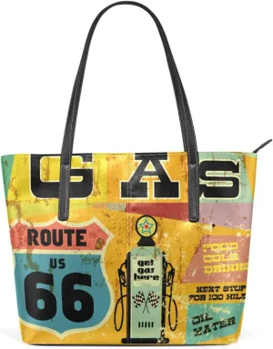 Top Handle Bag for Women Route 66 Retro Vegan Leather Lady Purse Shoulder Bag Travel Satchel Gym Beach Tote with Zipper Weekender Handbag