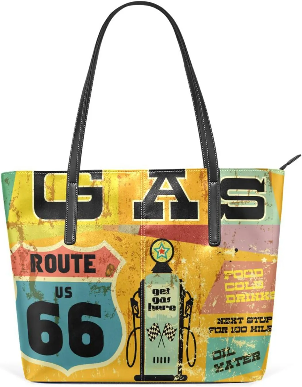 Top Handle Bag for Women Route 66 Retro Vegan Leather Lady Purse Shoulder Bag Travel Satchel Gym Beach Tote with Zipper Weekender Handbag
