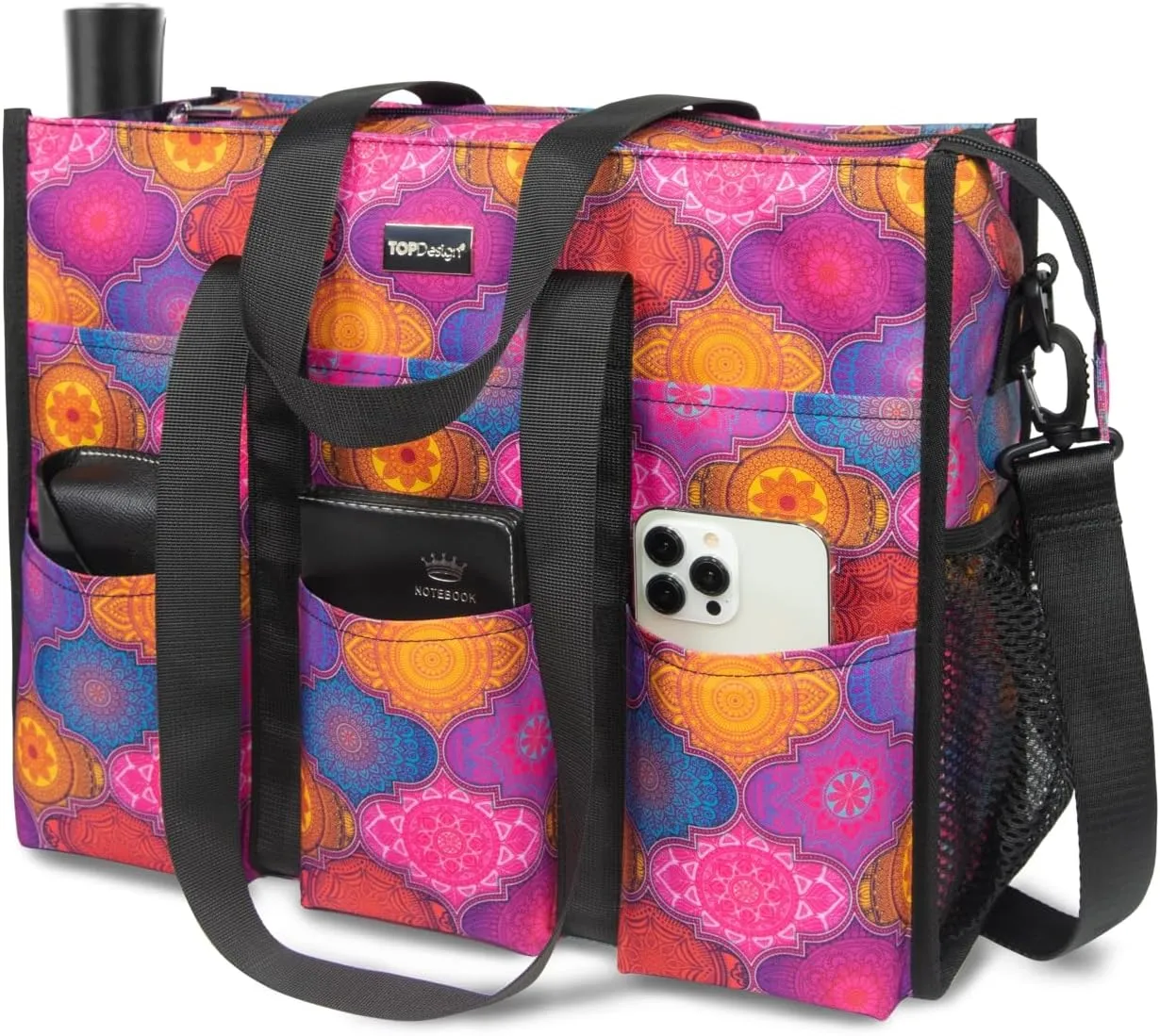 TOPDesign Utility Water Resistant Tote Bag with 22 Pockets, Top Zipper Closure & Thick Bottom Support, for Working Women