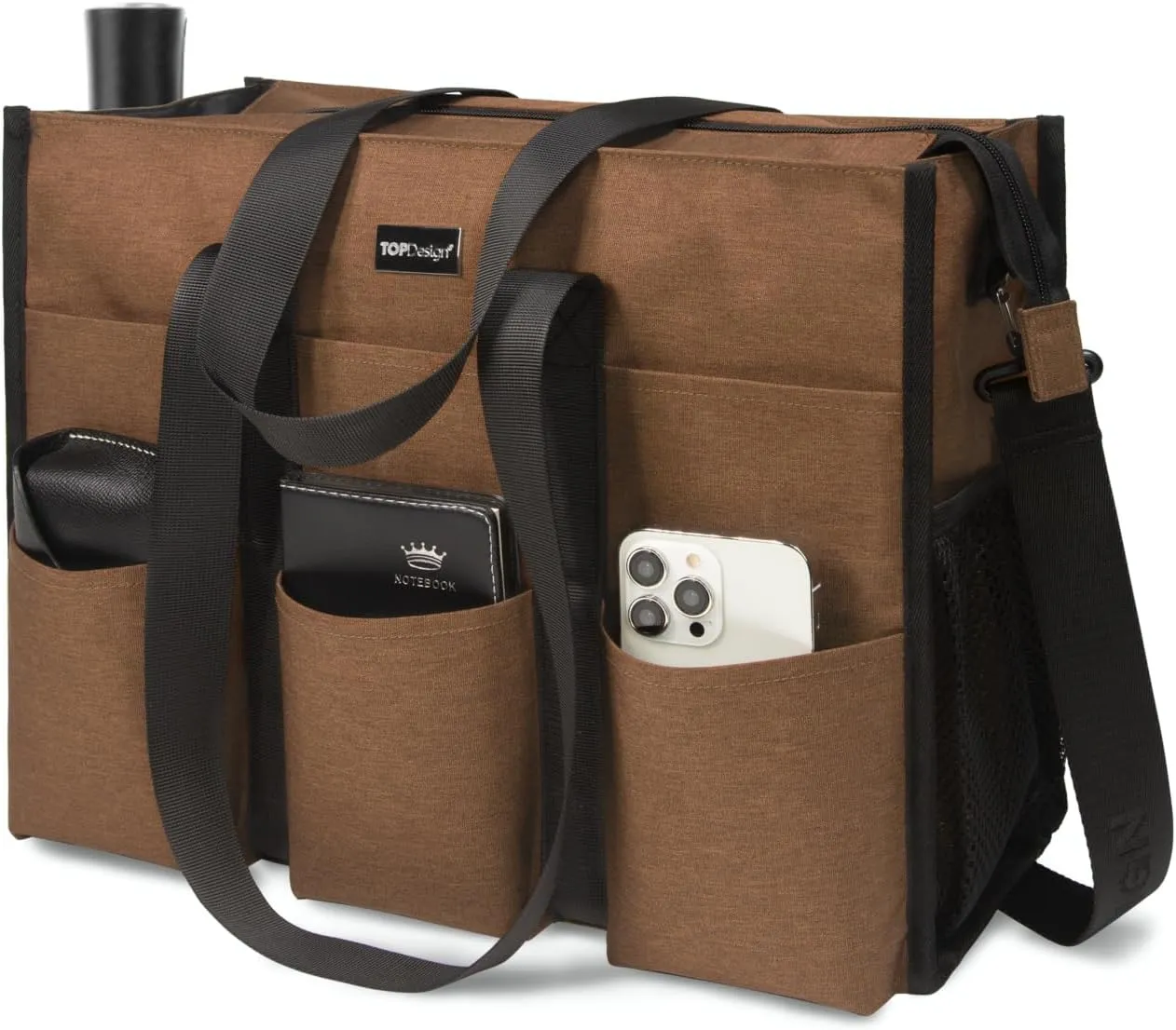 TOPDesign Utility Water Resistant Tote Bag with 22 Pockets, Top Zipper Closure & Thick Bottom Support, for Working Women
