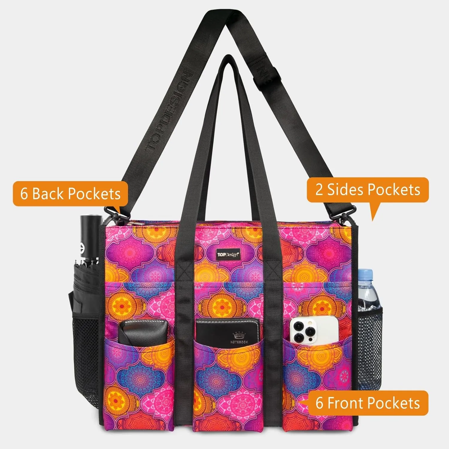 TOPDesign Utility Water Resistant Tote Bag with 22 Pockets, Top Zipper Closure & Thick Bottom Support, for Working Women