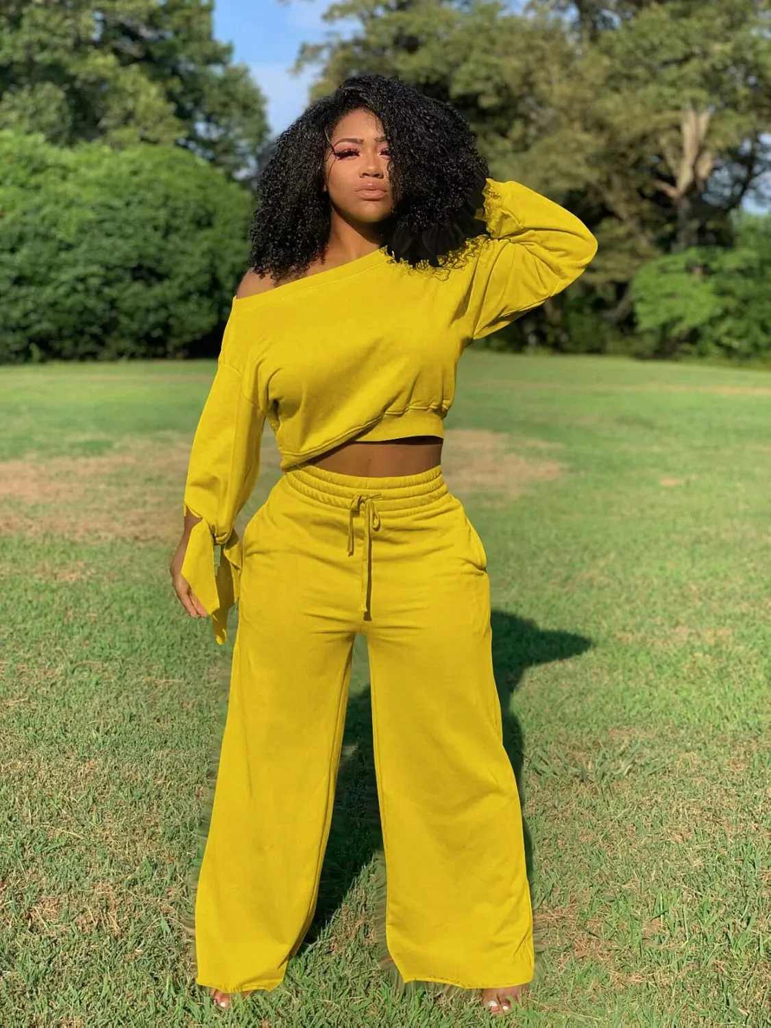 TOPSRANI Women's 2 Piece Outfits Casual Solid Sweatsuits Baggy Long Sleeve Loose Matching Wide Leg Tracksuit Pants Sets