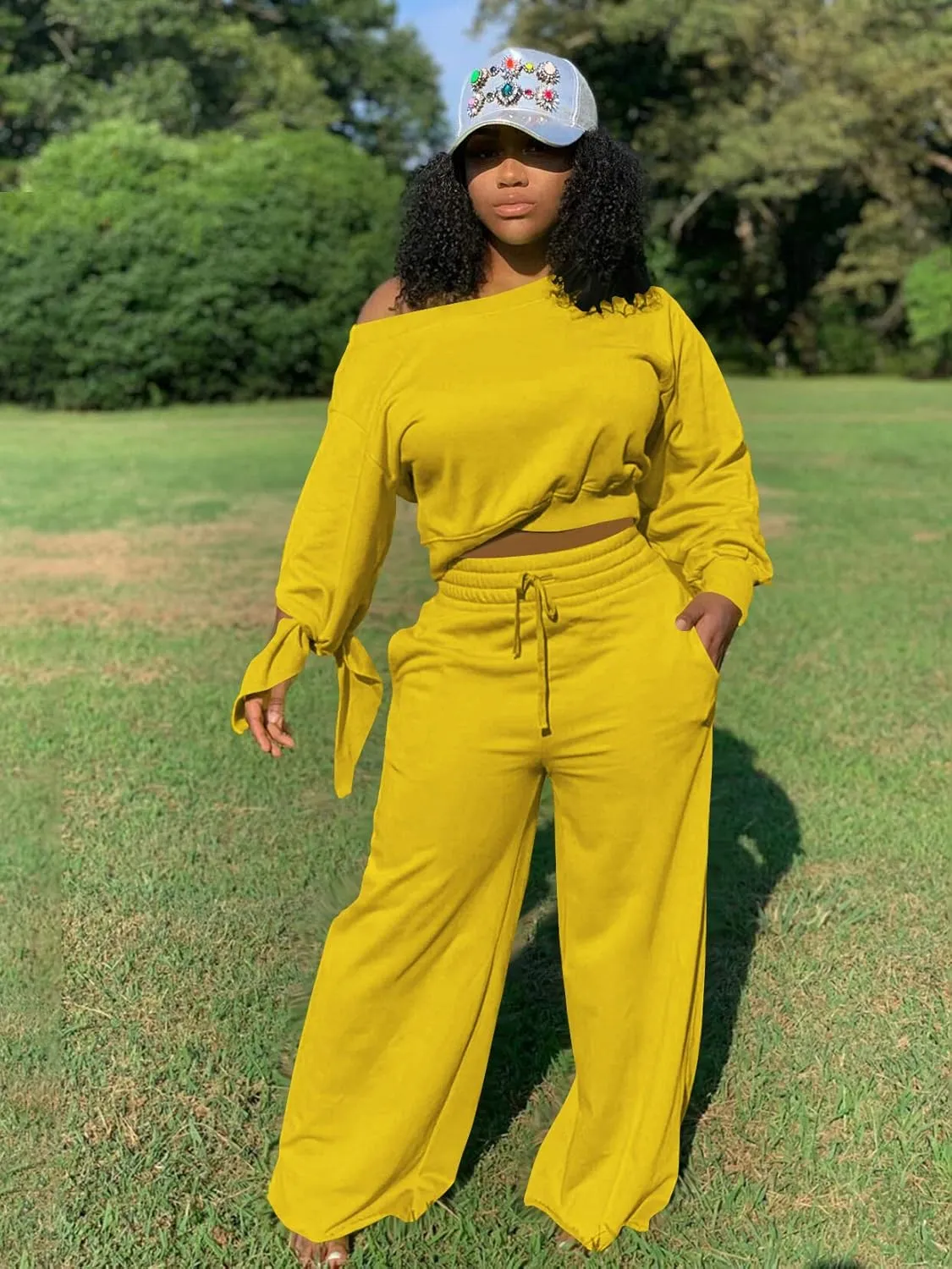 TOPSRANI Women's 2 Piece Outfits Casual Solid Sweatsuits Baggy Long Sleeve Loose Matching Wide Leg Tracksuit Pants Sets
