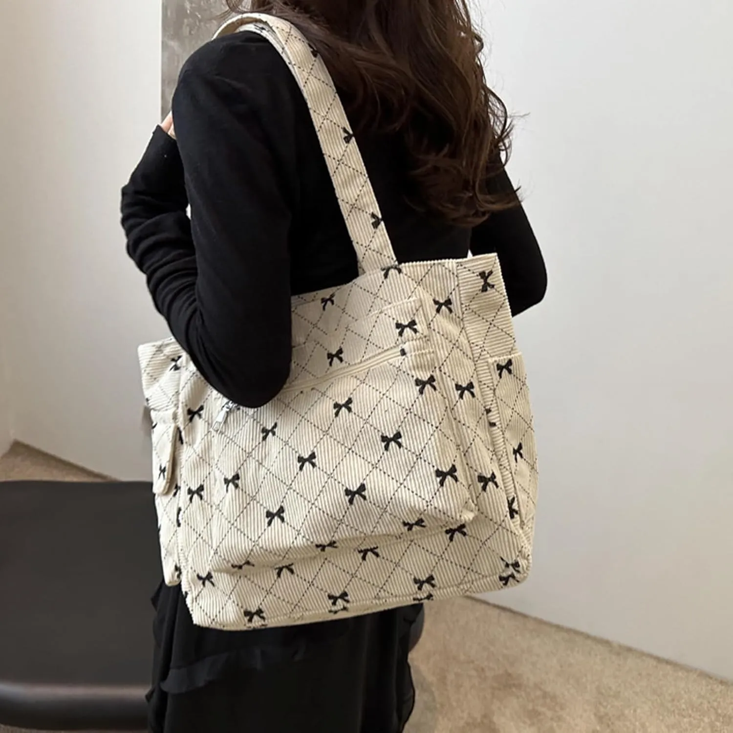 Tote Bag for Women Corduroy Handbag Large Capacity Travel Shoulder Purse Pink Cute Strawberries Canvas Bag