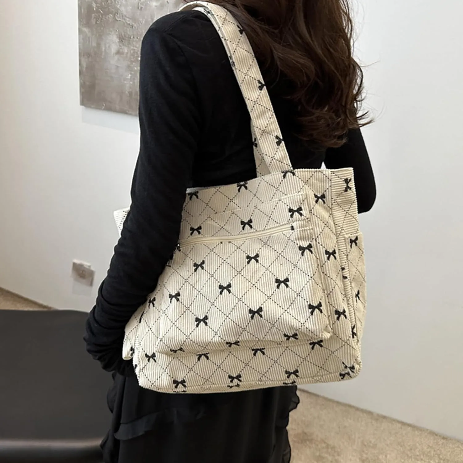 Tote Bag for Women Corduroy Handbag Large Capacity Travel Shoulder Purse Pink Cute Strawberries Canvas Bag