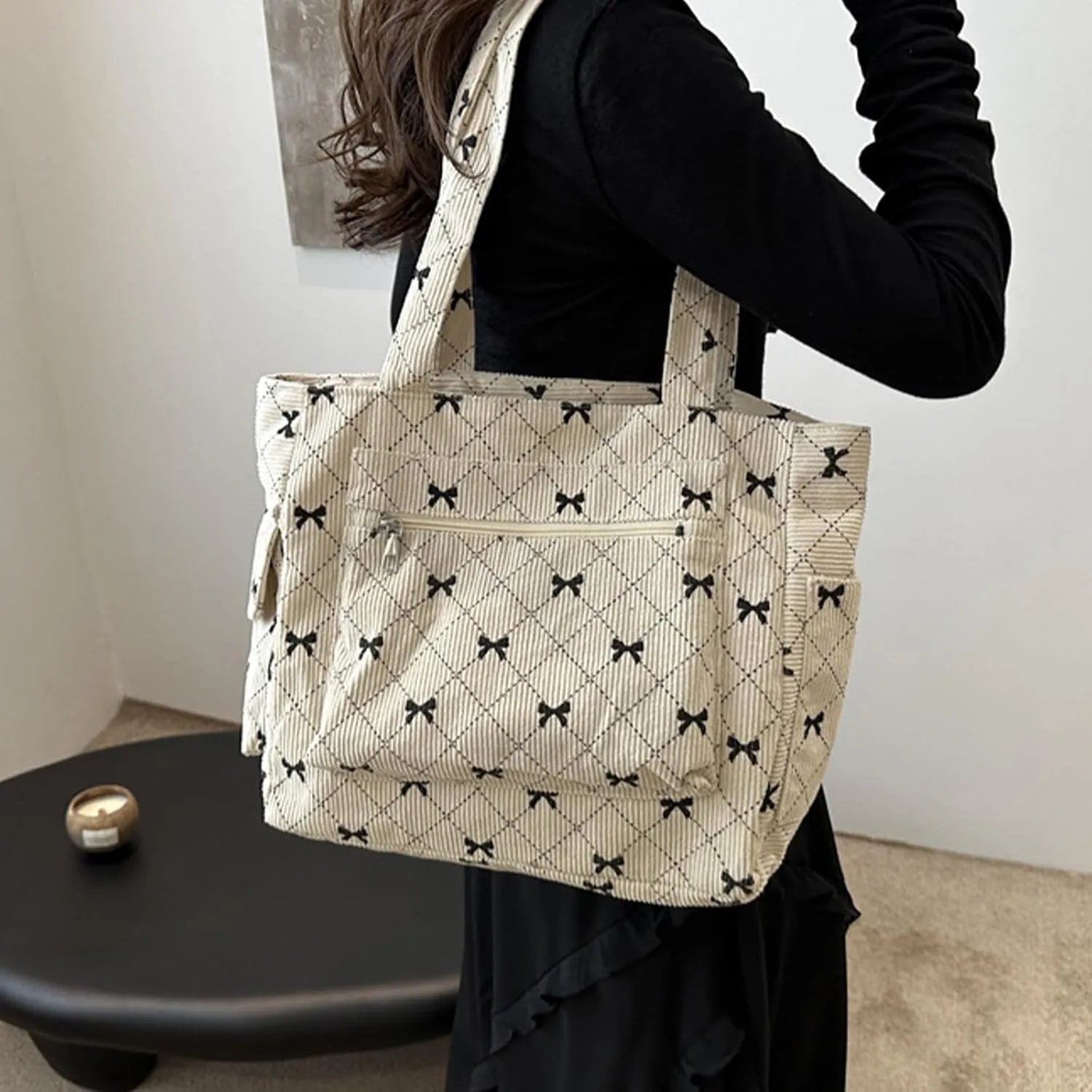 Tote Bag for Women Corduroy Handbag Large Capacity Travel Shoulder Purse Pink Cute Strawberries Canvas Bag
