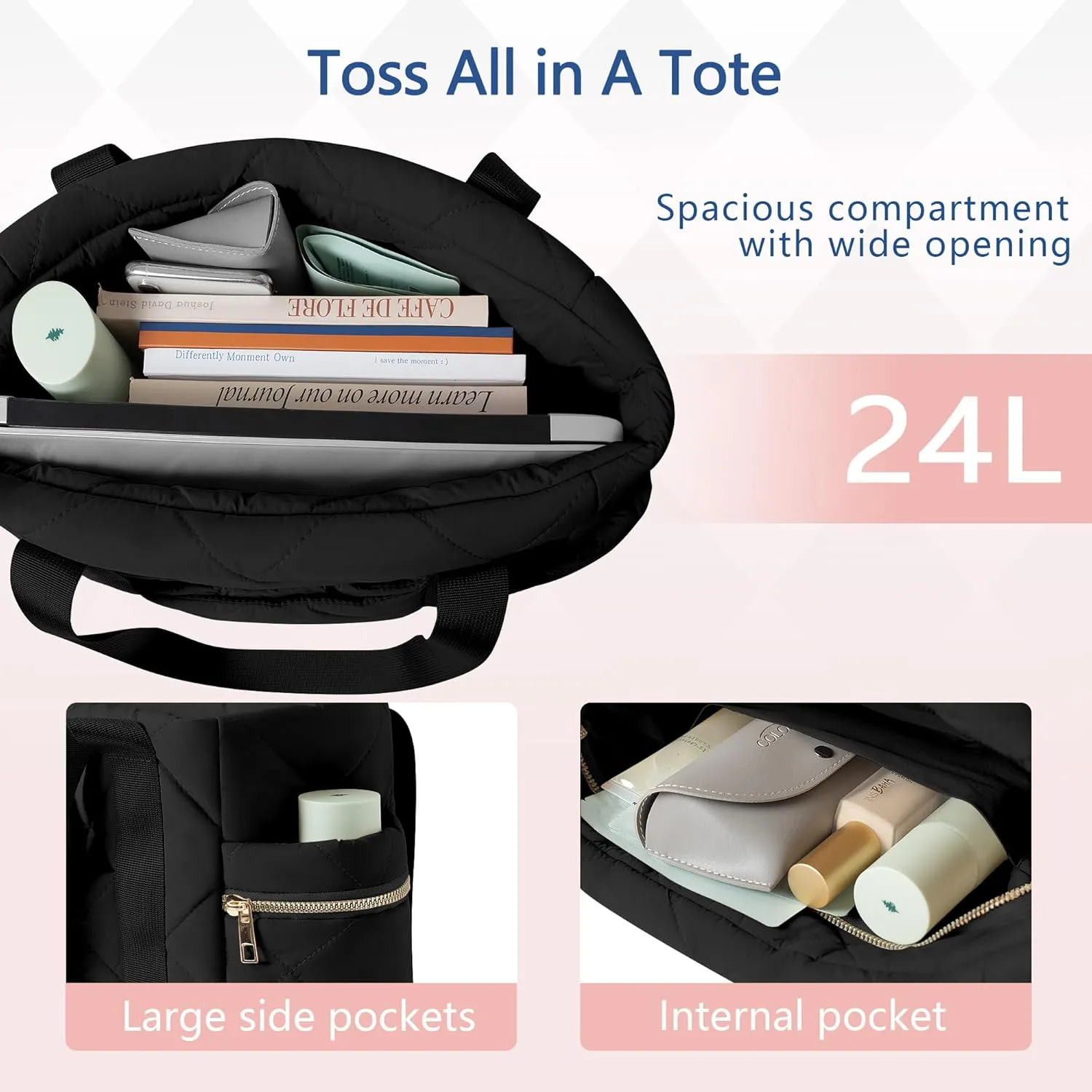 Tote bag for Women Puffer Shoulder Bag with Zipper Travel Quilted Nurse Bag Carry On Laptop Bag for Travel Work