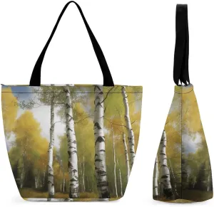 Tote Bag for Women Shoulder Bag with Zipper Birch Trees Handbag for Travel Work Grocery Bag