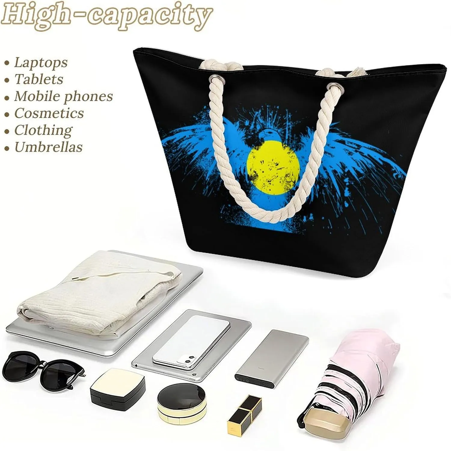 Tote Bag Large Handles Beach Bag with Zipper for Shopping Groceries Travel Outdoors Swim Pool Bag