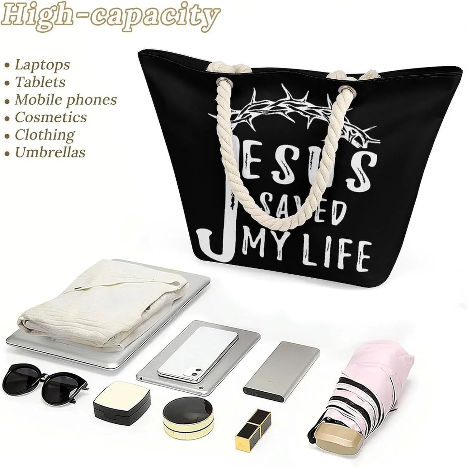 Tote Bag Large Handles Beach Bag with Zipper for Shopping Groceries Travel Outdoors Swim Pool Bag