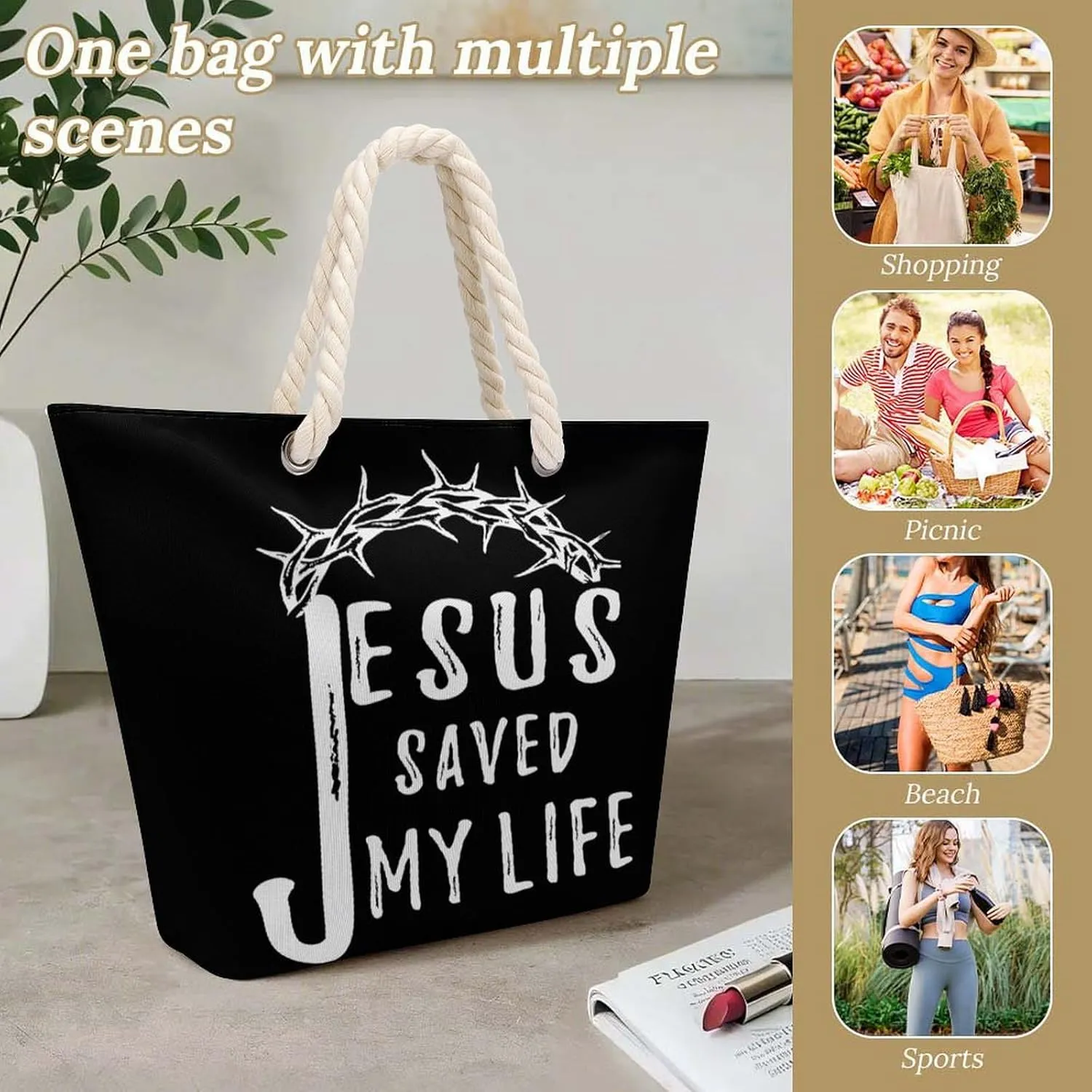 Tote Bag Large Handles Beach Bag with Zipper for Shopping Groceries Travel Outdoors Swim Pool Bag