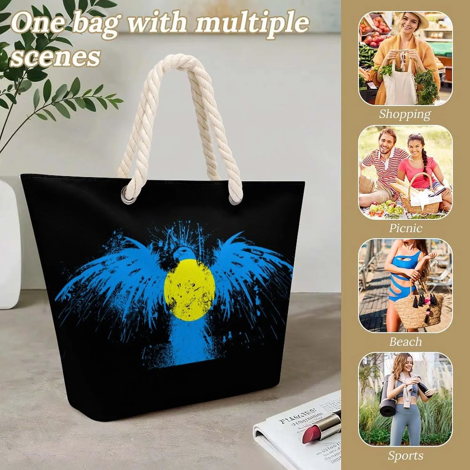 Tote Bag Large Handles Beach Bag with Zipper for Shopping Groceries Travel Outdoors Swim Pool Bag