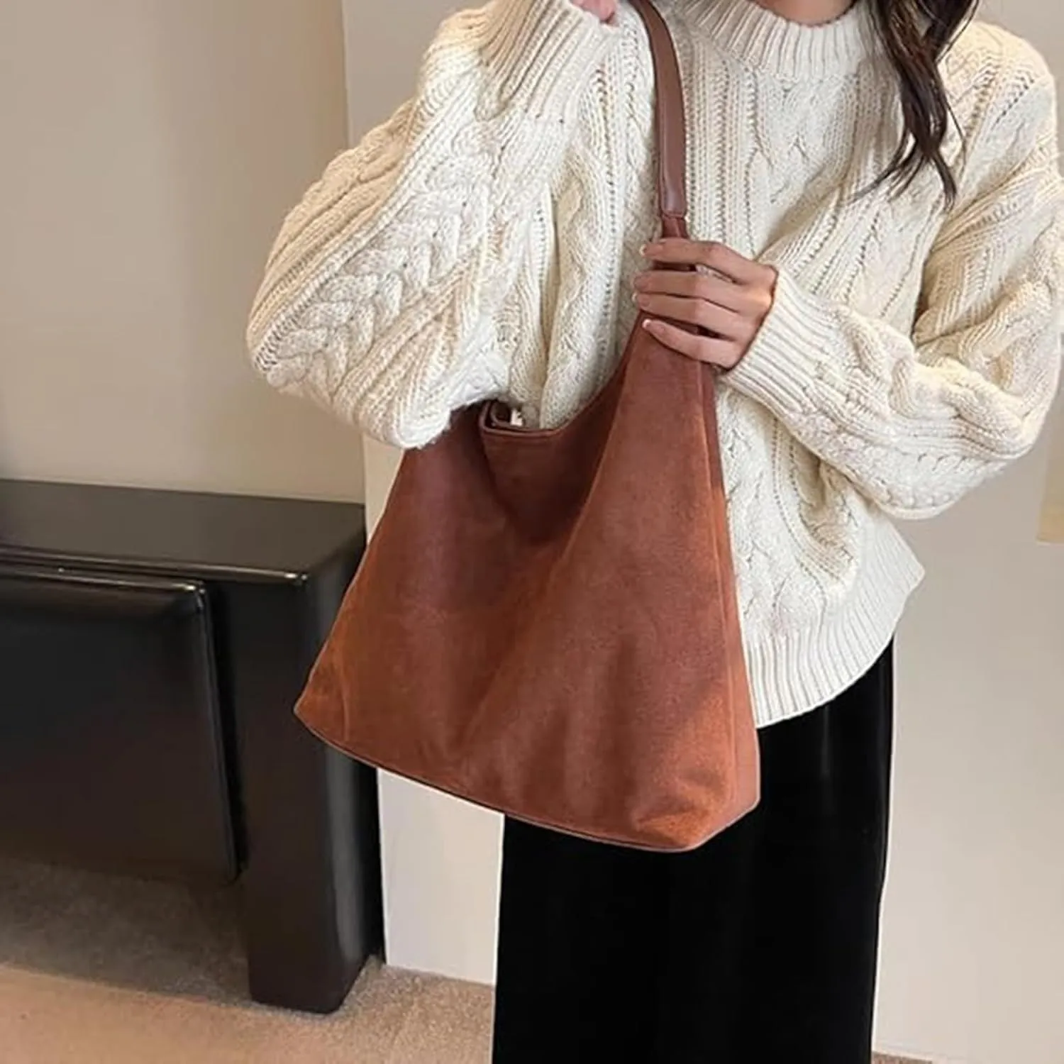 Tote Bags for Women Suede & Leather Hobo Shoulder Bag Fall Ladies Handbags Large Capacity Slouch Bag with Purses Bag