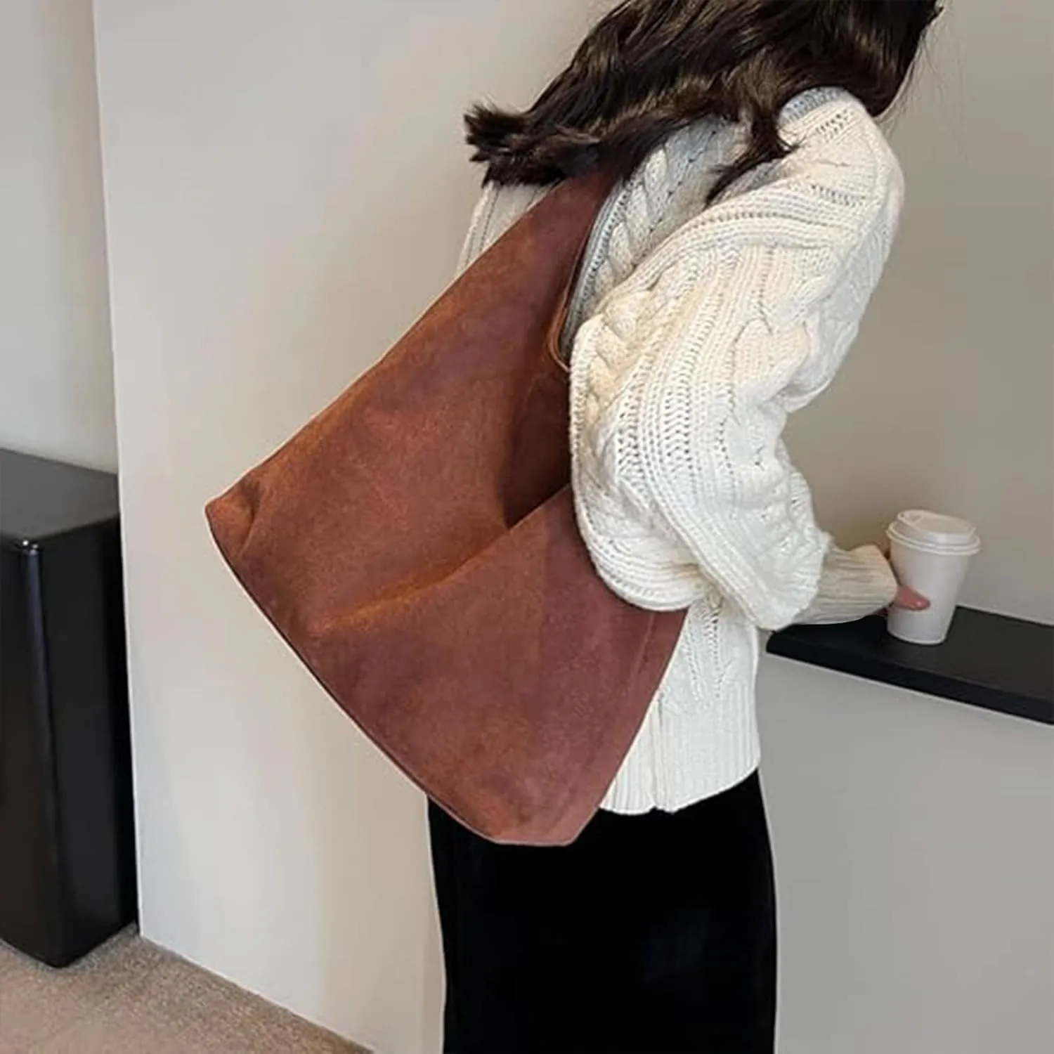 Tote Bags for Women Suede & Leather Hobo Shoulder Bag Fall Ladies Handbags Large Capacity Slouch Bag with Purses Bag