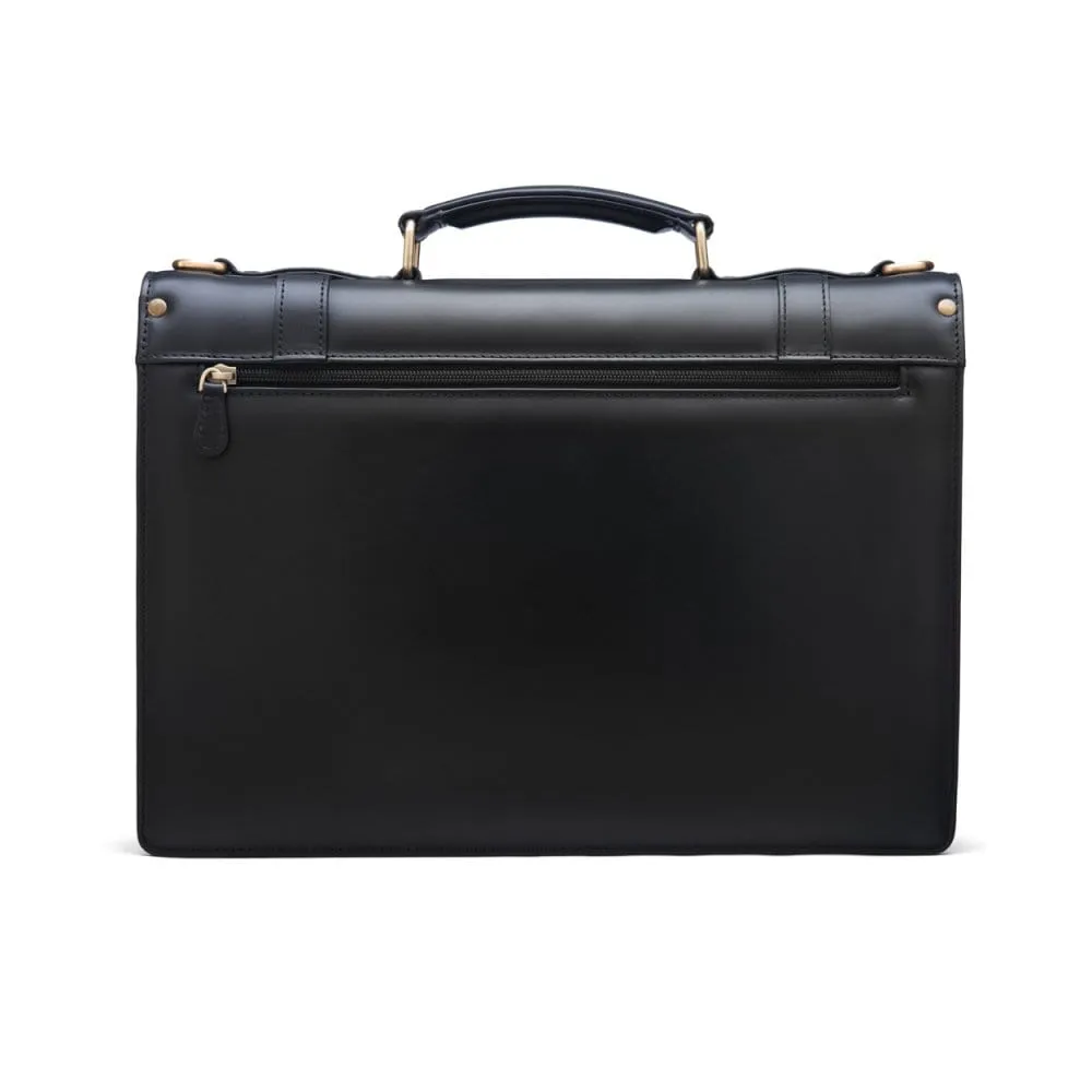 Traditional Leather Briefcase With Brass Lock - Black