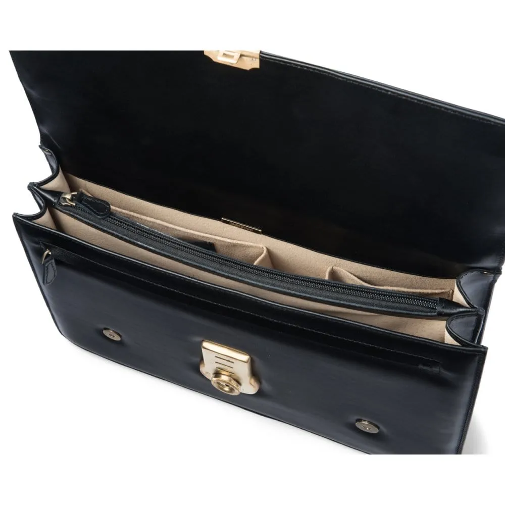 Traditional Leather Briefcase With Brass Lock - Black