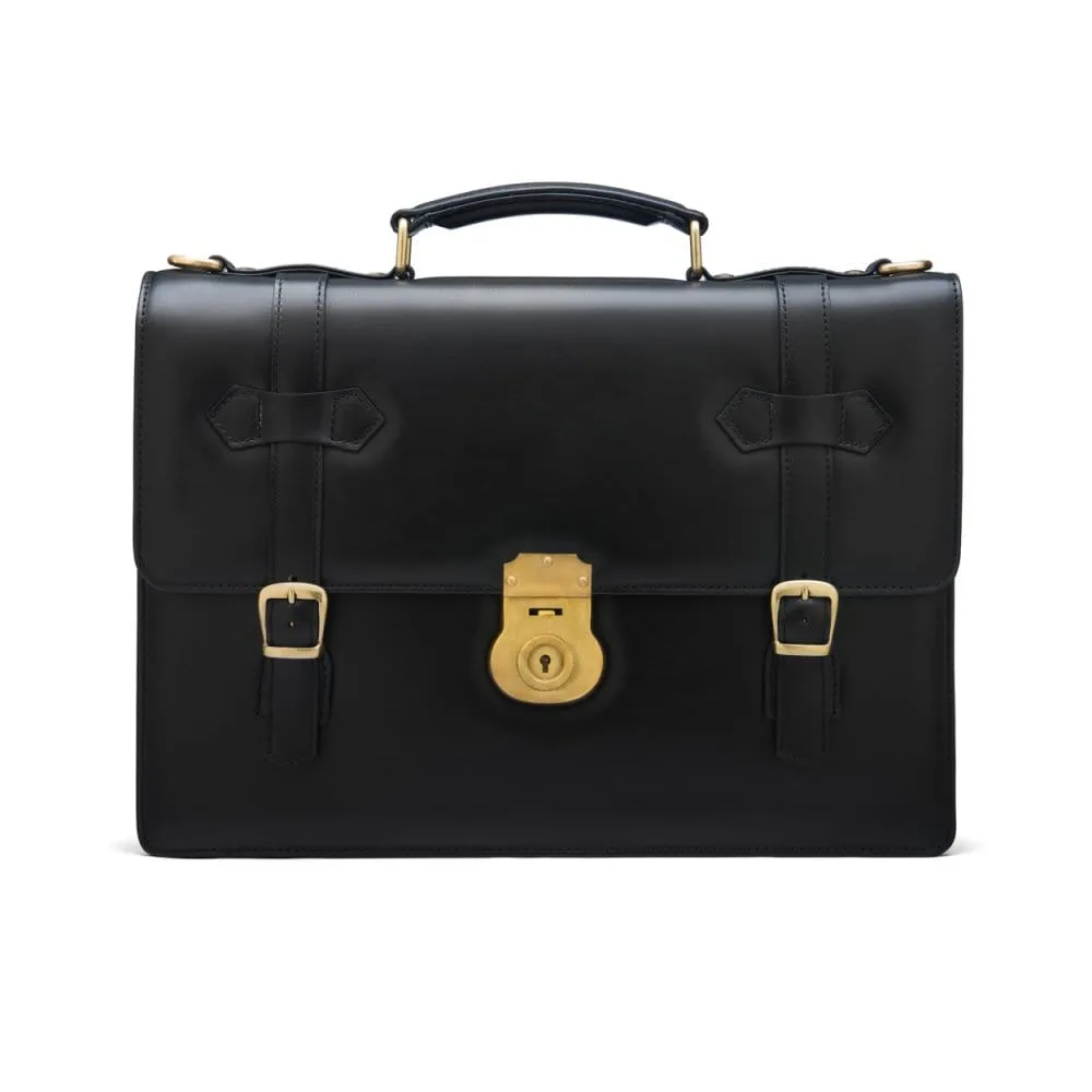 Traditional Leather Briefcase With Brass Lock - Black