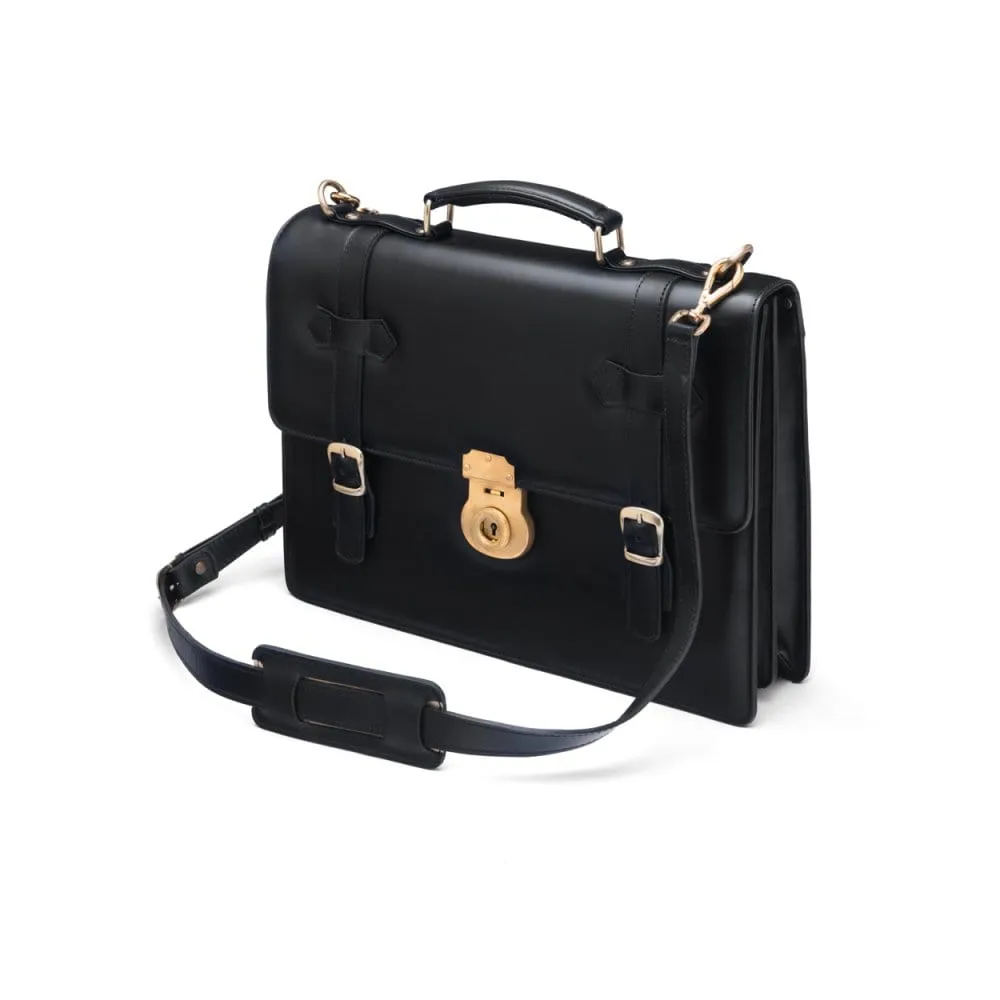 Traditional Leather Briefcase With Brass Lock - Black
