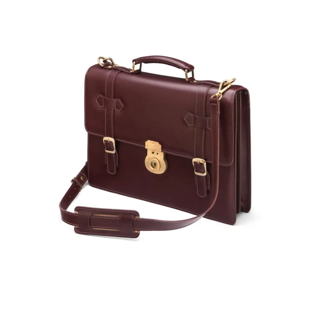Traditional Leather Briefcase With Brass Lock - Dark Tan