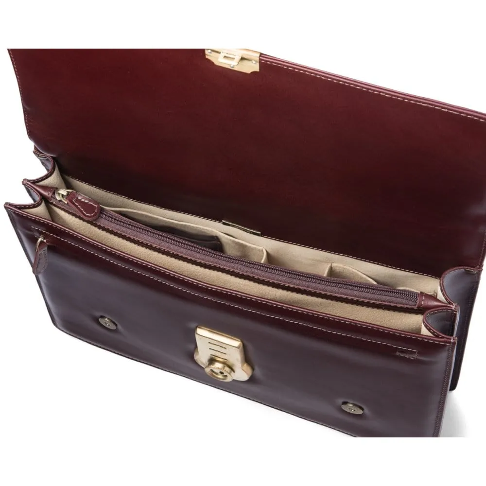 Traditional Leather Briefcase With Brass Lock - Dark Tan