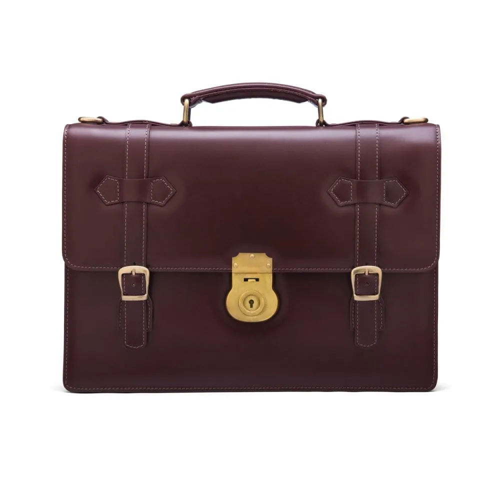 Traditional Leather Briefcase With Brass Lock - Dark Tan
