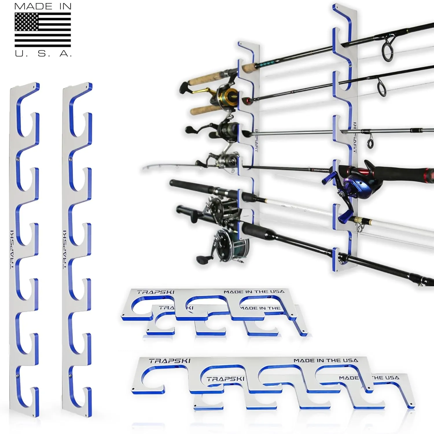 TRAPSKI Made in the USA Premium Fishing Rod/Pole Holder Rack Organizer | Wall or Boat Mounting Fishing Rod Rack | Marine Grade HDPE Plastic | Pole Holder for up to 3 Rods | Stackable