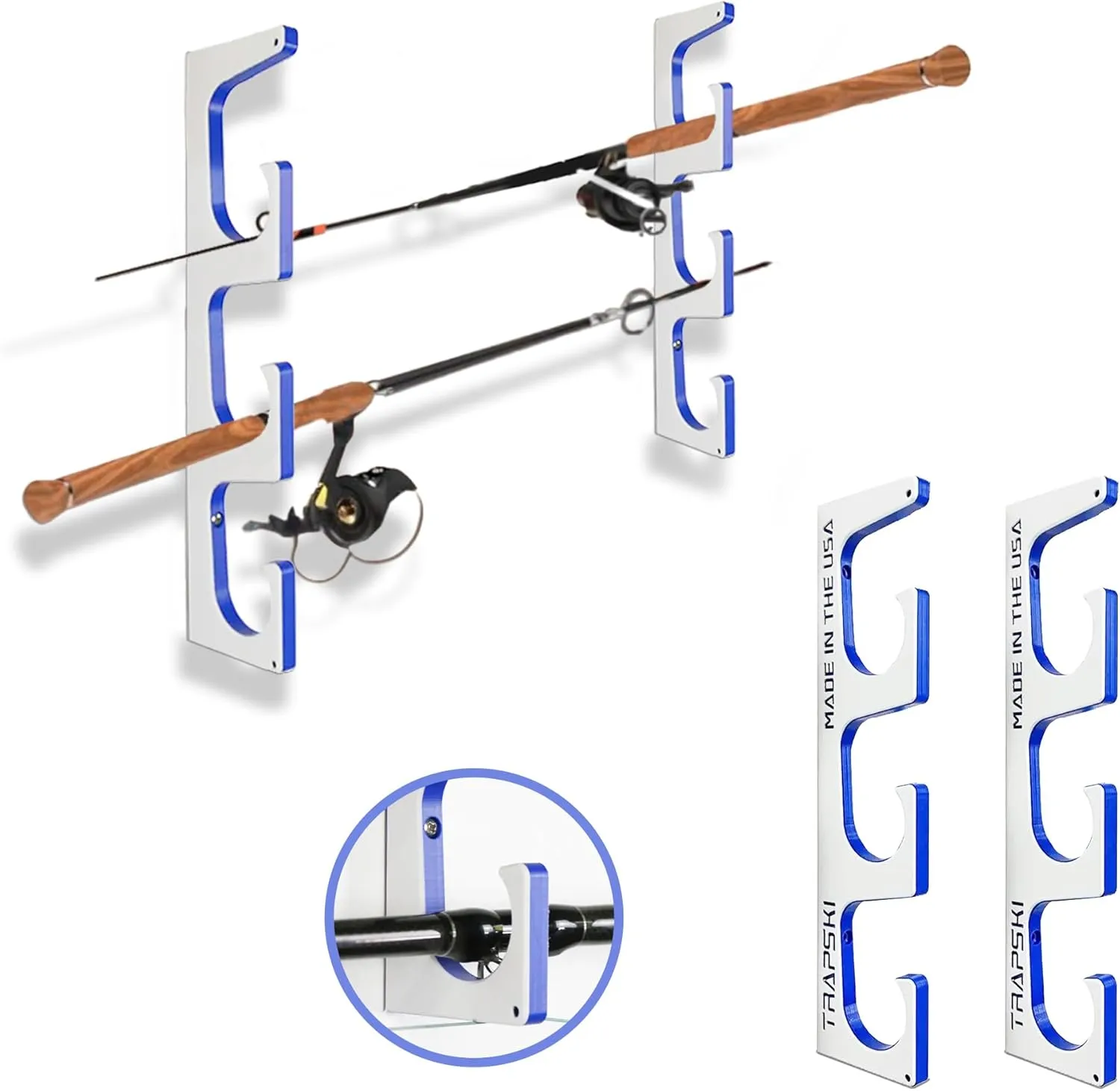 TRAPSKI Made in the USA Premium Fishing Rod/Pole Holder Rack Organizer | Wall or Boat Mounting Fishing Rod Rack | Marine Grade HDPE Plastic | Pole Holder for up to 3 Rods | Stackable
