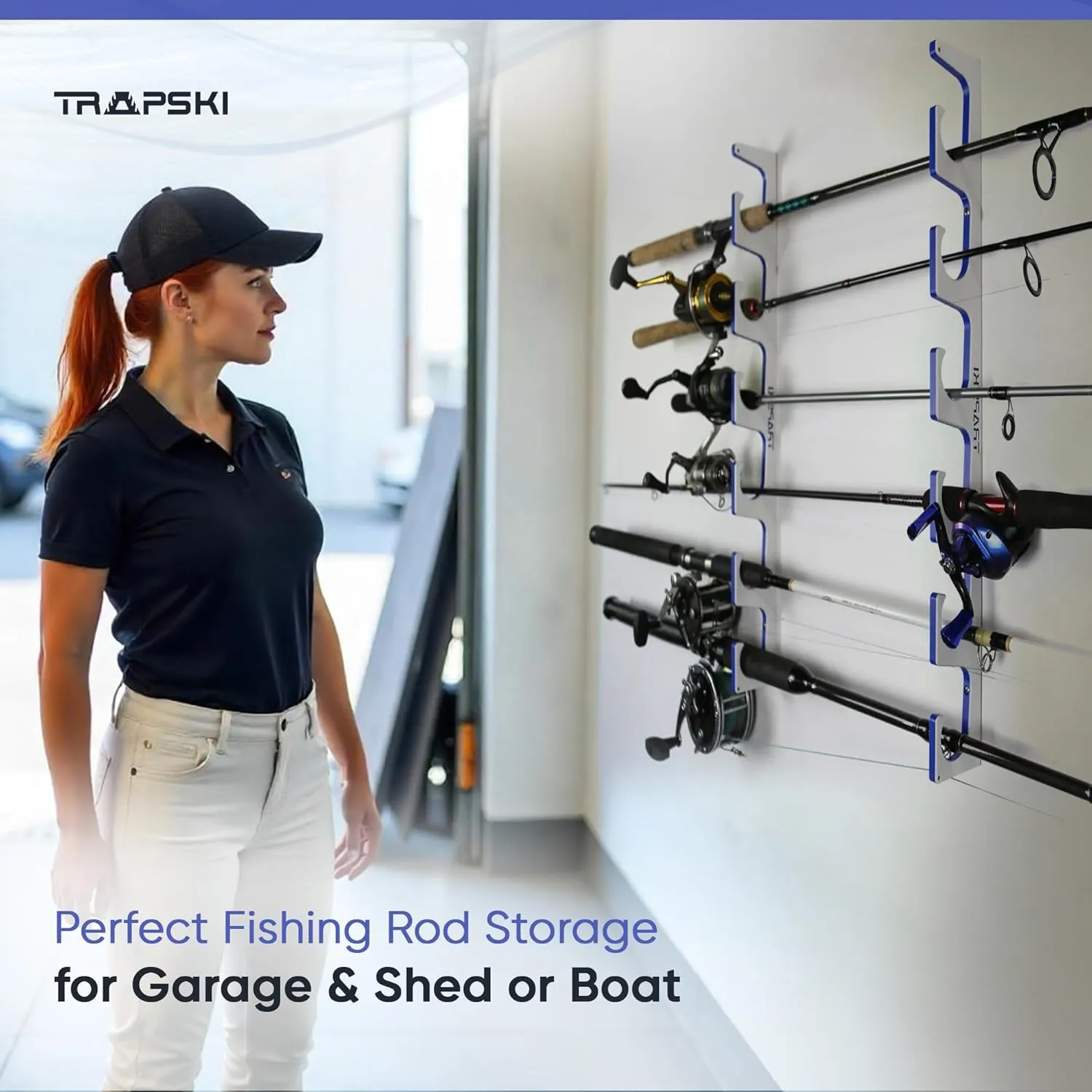 TRAPSKI Made in the USA Premium Fishing Rod/Pole Holder Rack Organizer | Wall or Boat Mounting Fishing Rod Rack | Marine Grade HDPE Plastic | Pole Holder for up to 3 Rods | Stackable