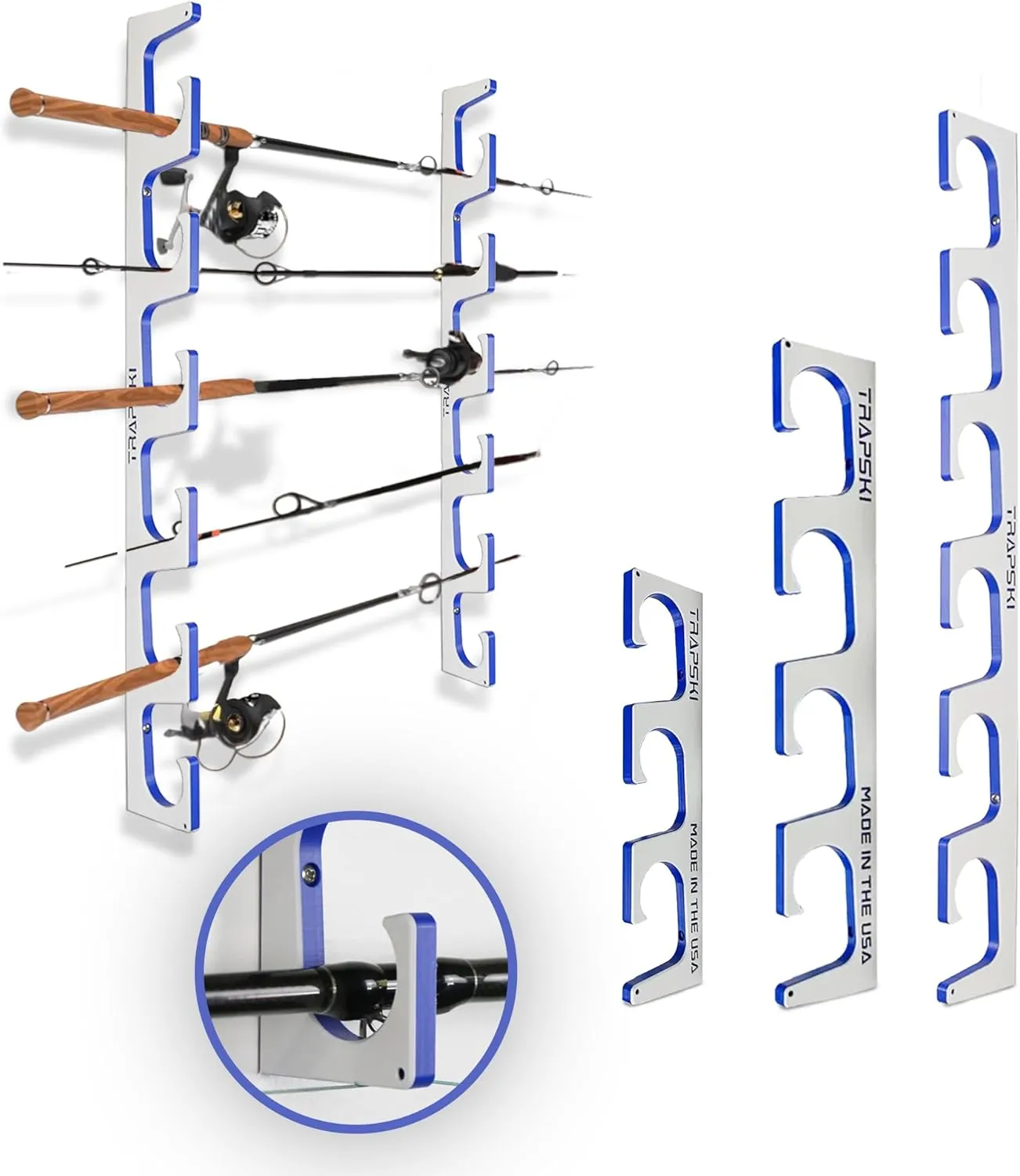 TRAPSKI Made in USA Fishing Rod/Pole Holder Rack Organizer | Wall or Ceiling Mounted Fishing Rod Rack | Marine Grade HDPE Plastic | Pole Holder for up to 6 Stackable