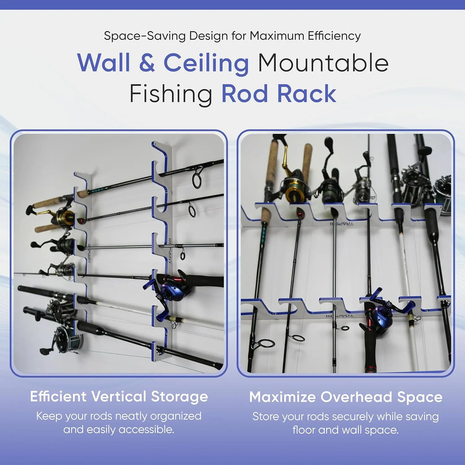 TRAPSKI Made in USA Fishing Rod/Pole Holder Rack Organizer | Wall or Ceiling Mounted Fishing Rod Rack | Marine Grade HDPE Plastic | Pole Holder for up to 6 Stackable