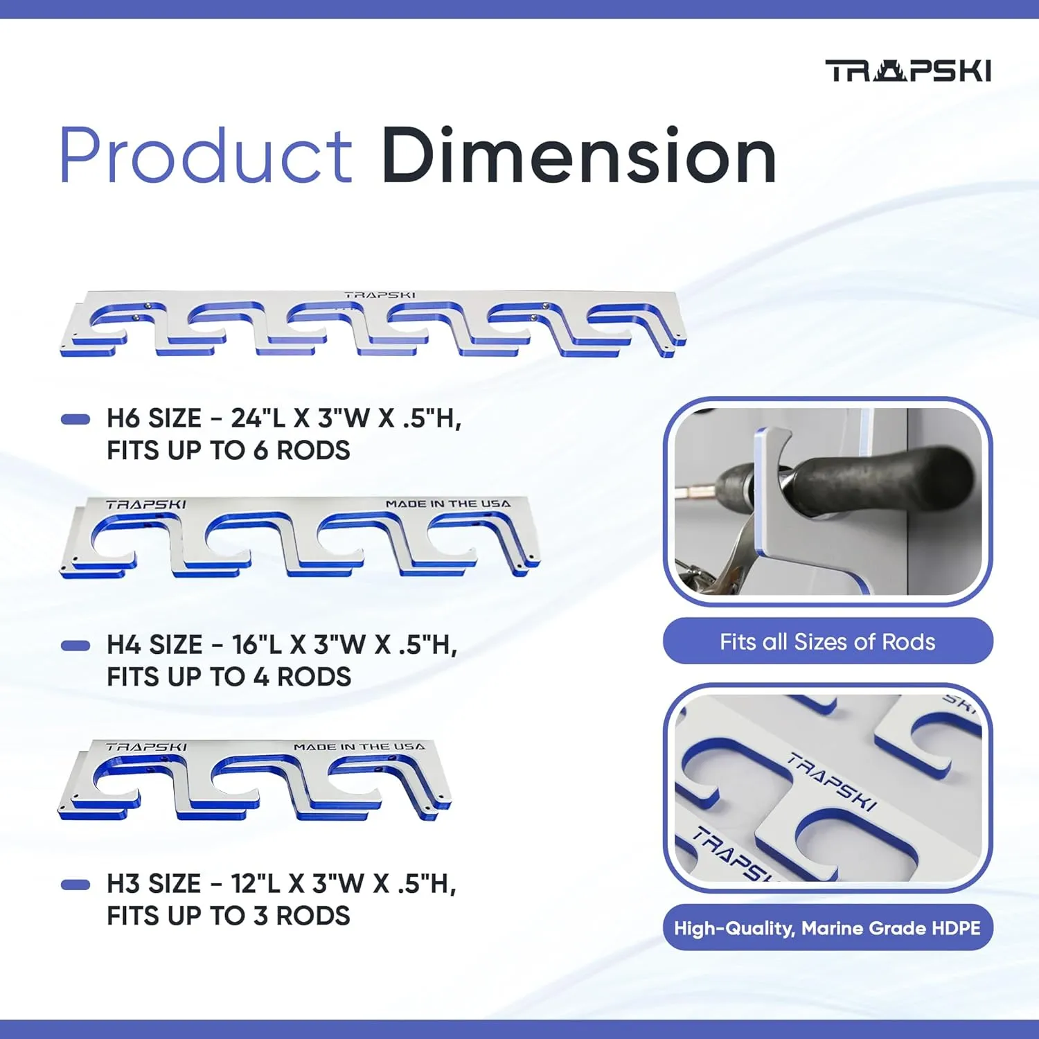 TRAPSKI Made in USA Fishing Rod/Pole Holder Rack Organizer | Wall or Ceiling Mounted Fishing Rod Rack | Marine Grade HDPE Plastic | Pole Holder for up to 6 Stackable