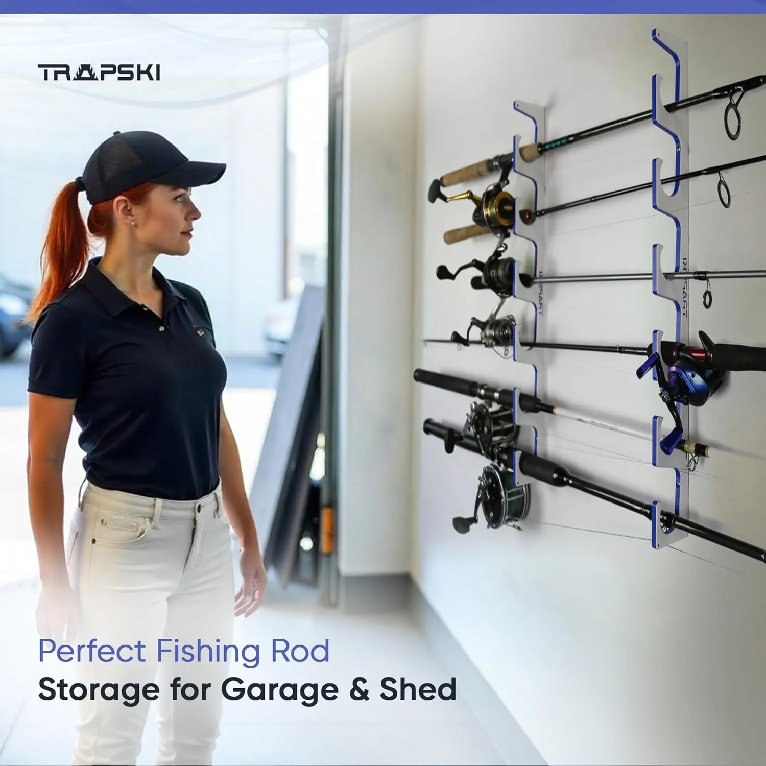 TRAPSKI Made in USA Fishing Rod/Pole Holder Rack Organizer | Wall or Ceiling Mounted Fishing Rod Rack | Marine Grade HDPE Plastic | Pole Holder for up to 6 Stackable