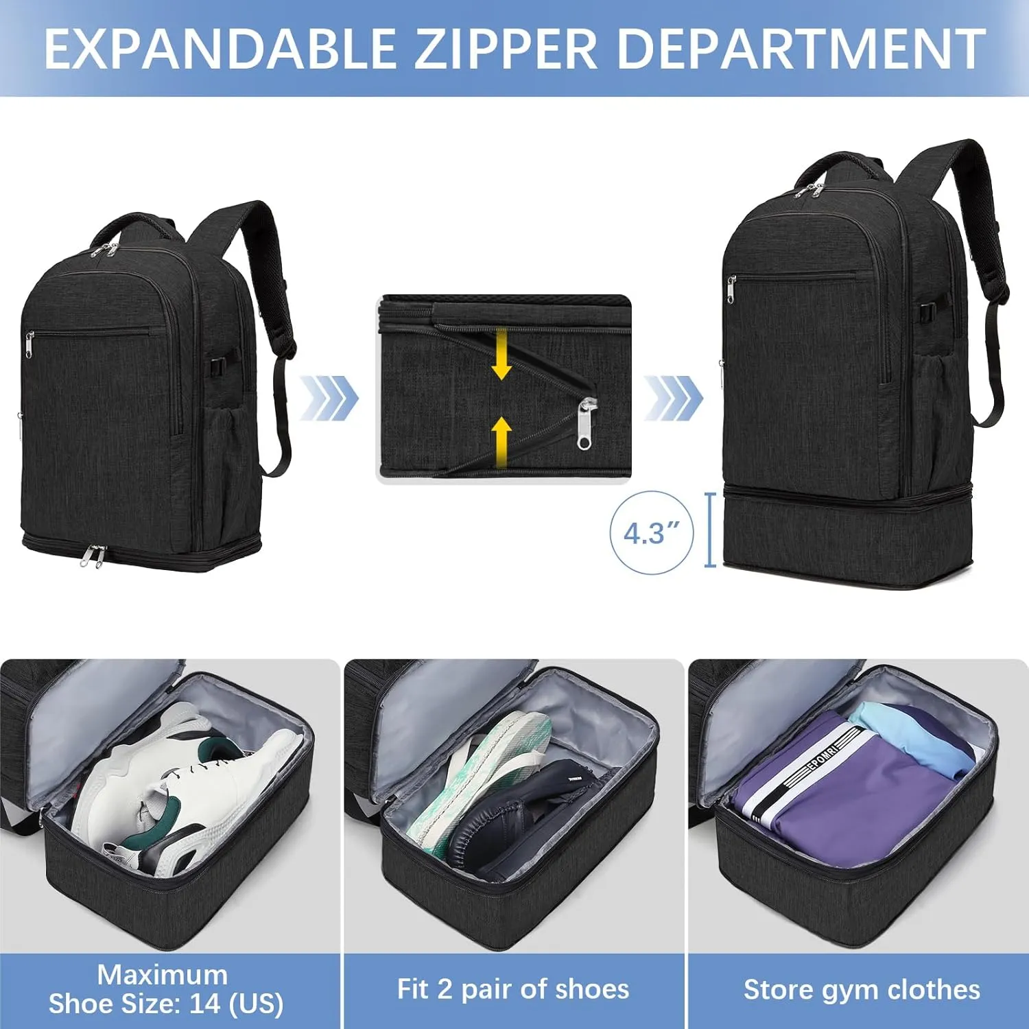 Travel Backpack with Expandable Shoe Department, 34L-42L Carry On Laptop Backpack Flight Approved Weekender Overnight Bag, Water Resistant Sports Gym Backpack for Men Women, Black