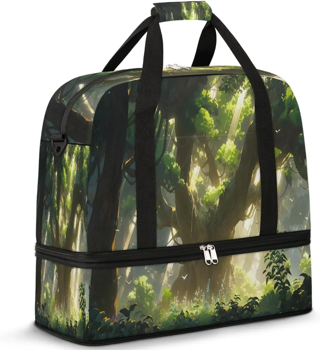 Travel Duffel Bag with Shoe Compartment, Forest Sunlight Shoulder Weekender Bags for Women, Foldable Waterproof Travel Bag Carry on Bag
