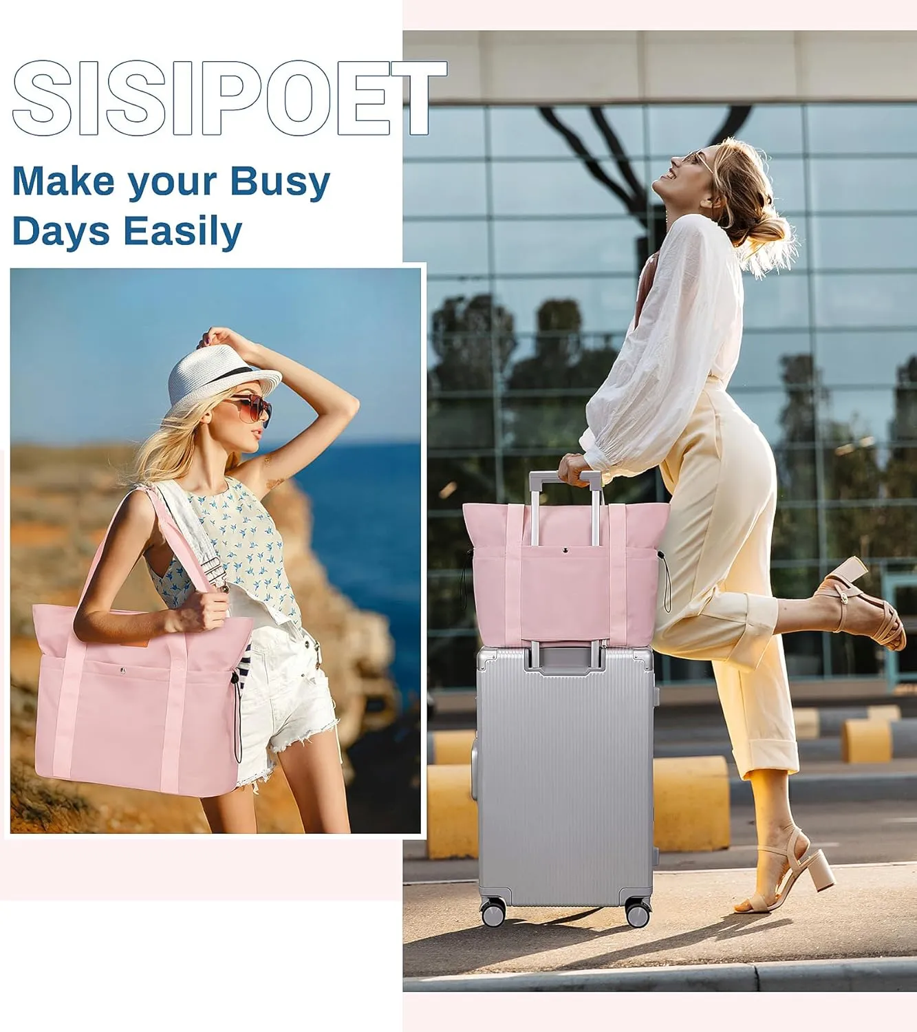 Travel Tote Bag, Multi Pocket Work Tote Bags for Women Fits 15.6'' Laptop Shoulder Bag with Zipper Shopping Bag