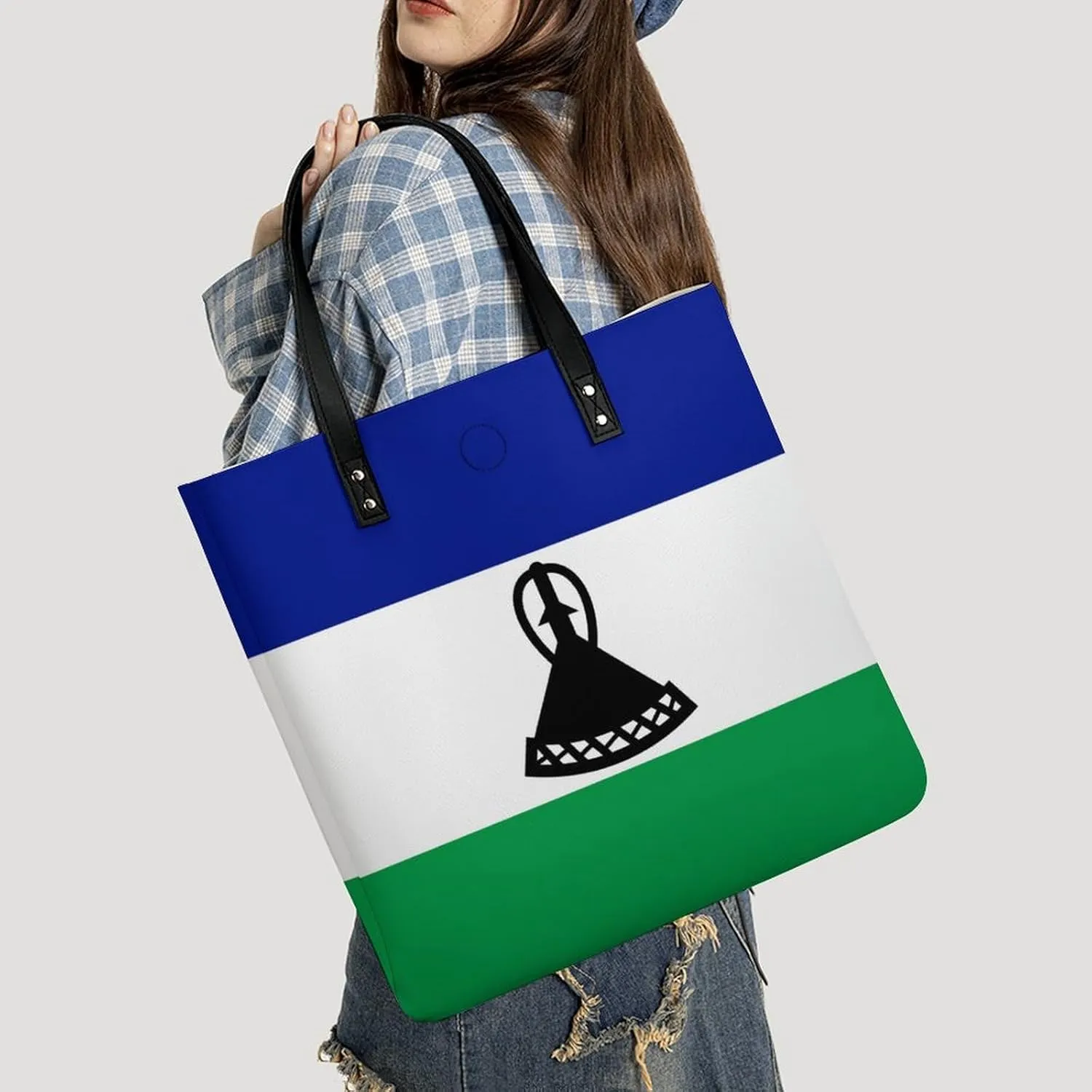 Trendy Lesotho Flag Women's Large Shoulder Bag Leather Tote for Work and Travel