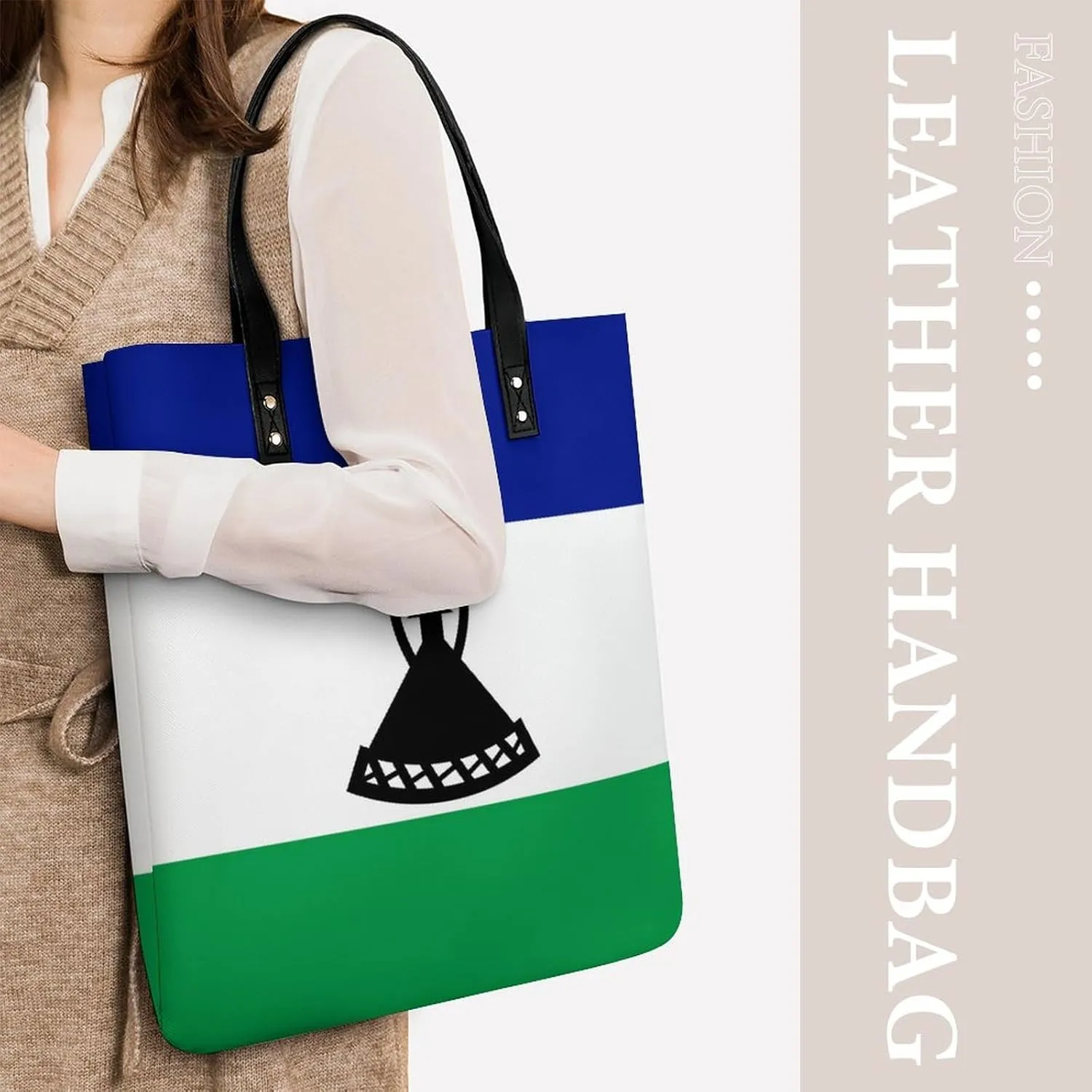 Trendy Lesotho Flag Women's Large Shoulder Bag Leather Tote for Work and Travel