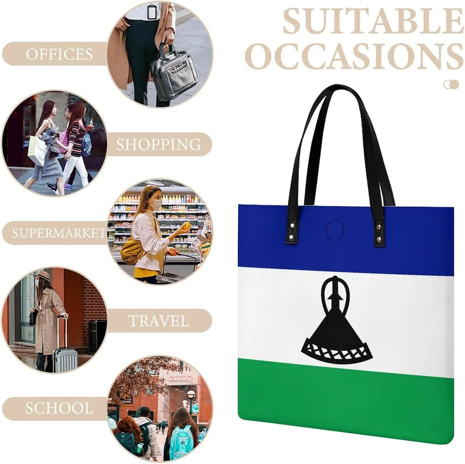 Trendy Lesotho Flag Women's Large Shoulder Bag Leather Tote for Work and Travel