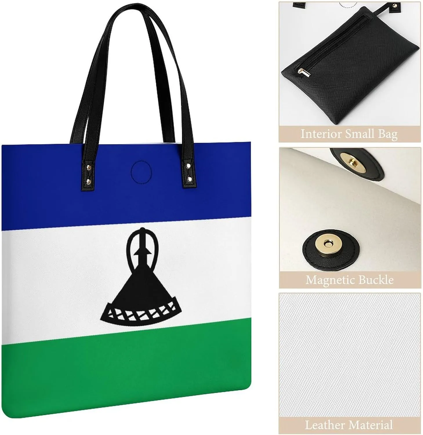 Trendy Lesotho Flag Women's Large Shoulder Bag Leather Tote for Work and Travel
