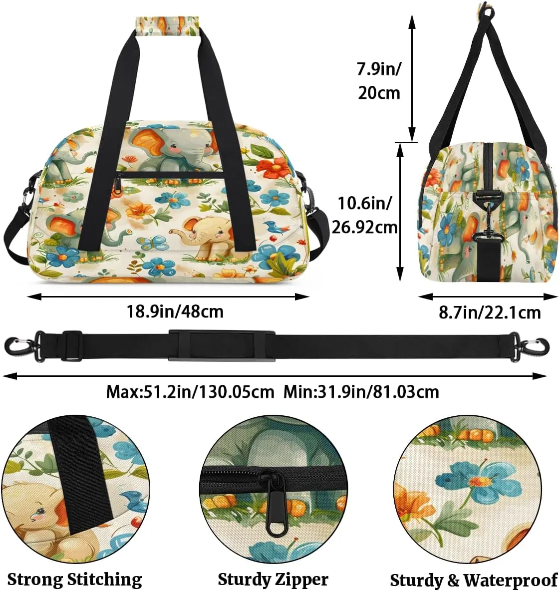 Tropical Flower Elephant Kids Overnighter Duffel Bags for Boys, Carry-On Size Sports Gym Bag with Front Zipper Pocket for School Practice or Overnight Travel Weekender Sleepover Tote Bag