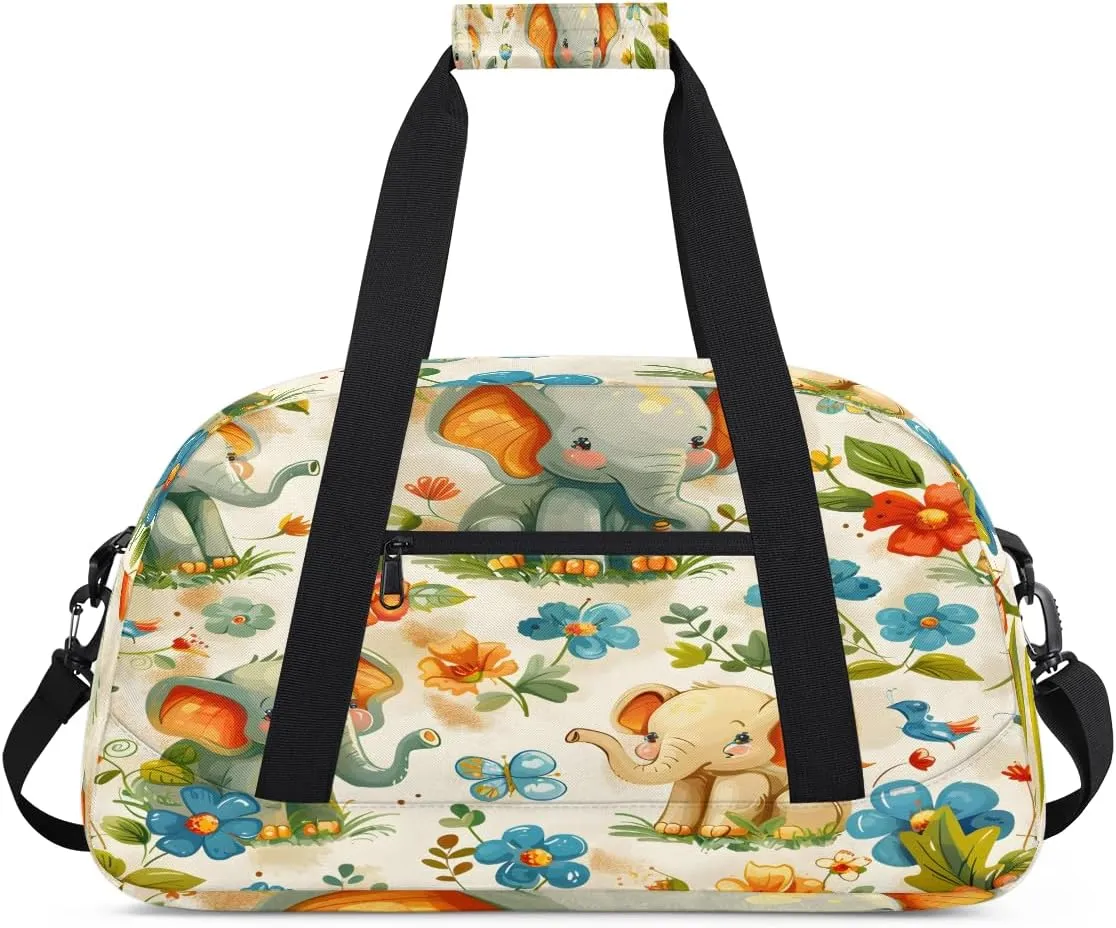Tropical Flower Elephant Kids Overnighter Duffel Bags for Boys, Carry-On Size Sports Gym Bag with Front Zipper Pocket for School Practice or Overnight Travel Weekender Sleepover Tote Bag