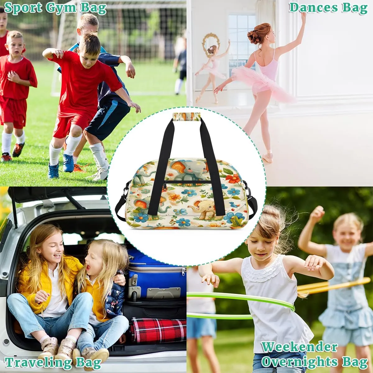Tropical Flower Elephant Kids Overnighter Duffel Bags for Boys, Carry-On Size Sports Gym Bag with Front Zipper Pocket for School Practice or Overnight Travel Weekender Sleepover Tote Bag