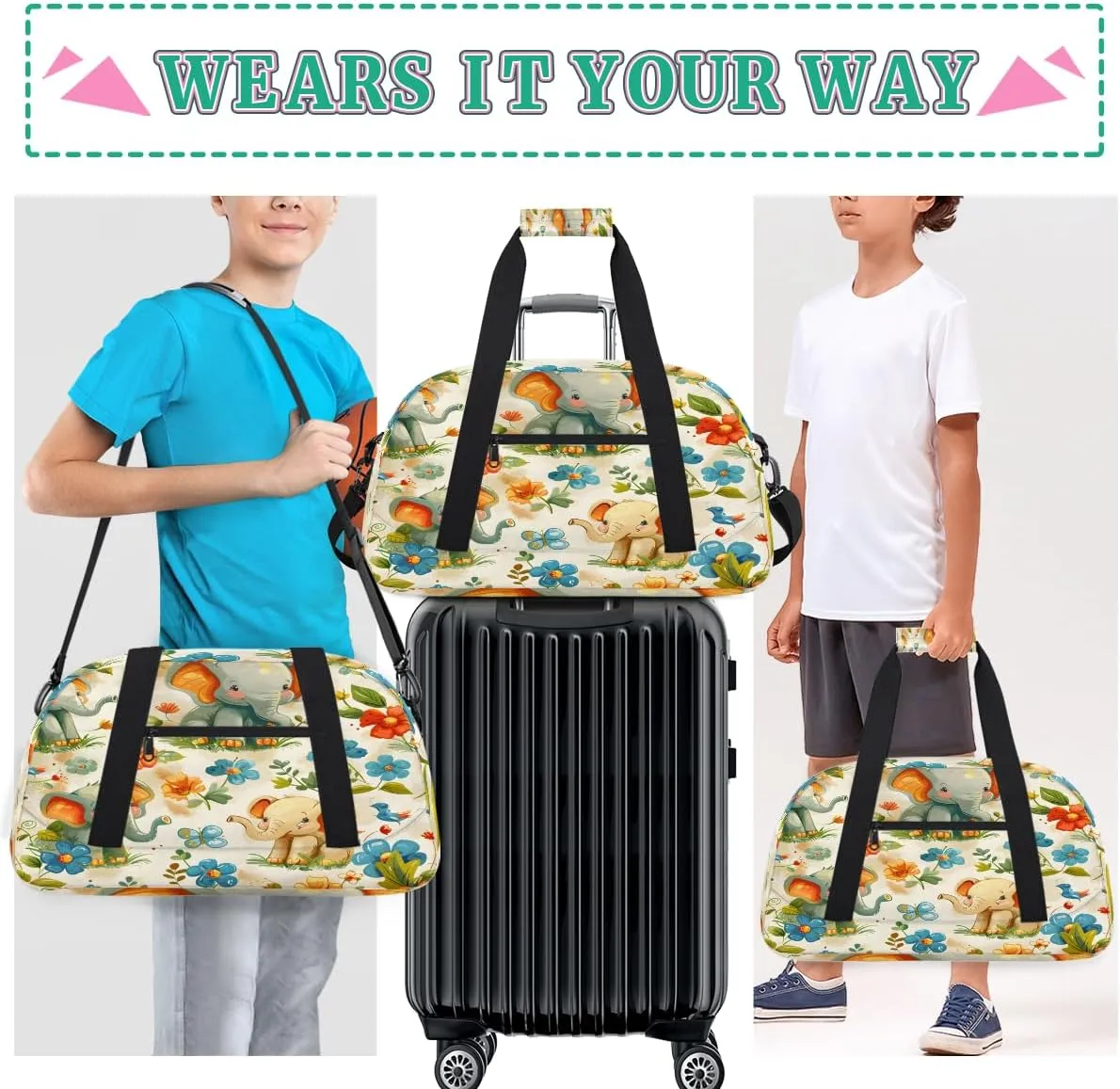 Tropical Flower Elephant Kids Overnighter Duffel Bags for Boys, Carry-On Size Sports Gym Bag with Front Zipper Pocket for School Practice or Overnight Travel Weekender Sleepover Tote Bag