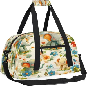 Tropical Flower Elephant Kids Overnighter Duffel Bags for Boys, Carry-On Size Sports Gym Bag with Front Zipper Pocket for School Practice or Overnight Travel Weekender Sleepover Tote Bag
