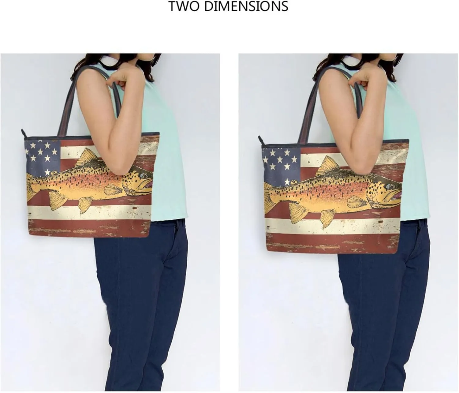 Trout America Women Tote Bag with Zipper, Patterned Handbag Purse Reusable Grocery Bag Large